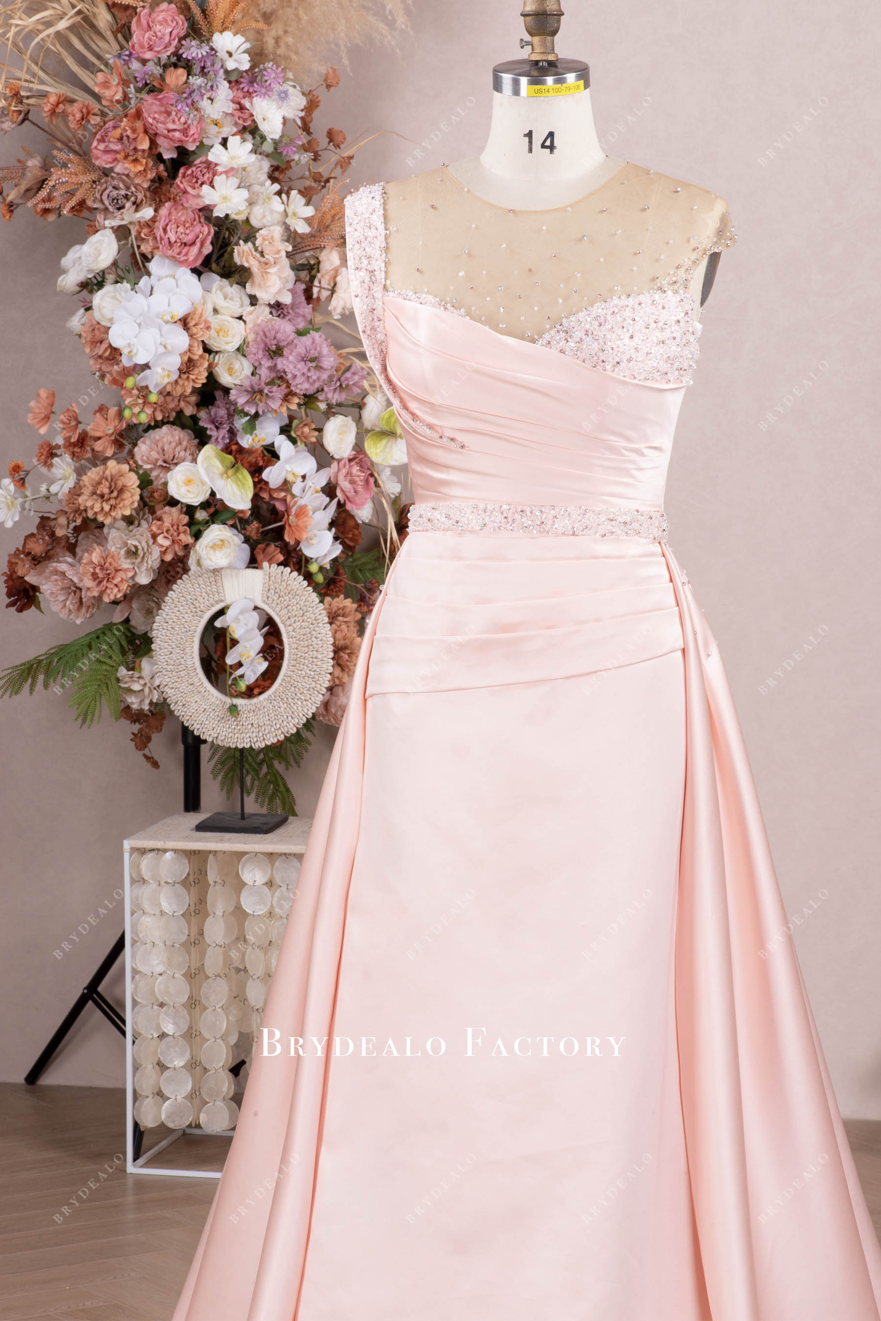 pearl pink illusion neck mother of bride dress