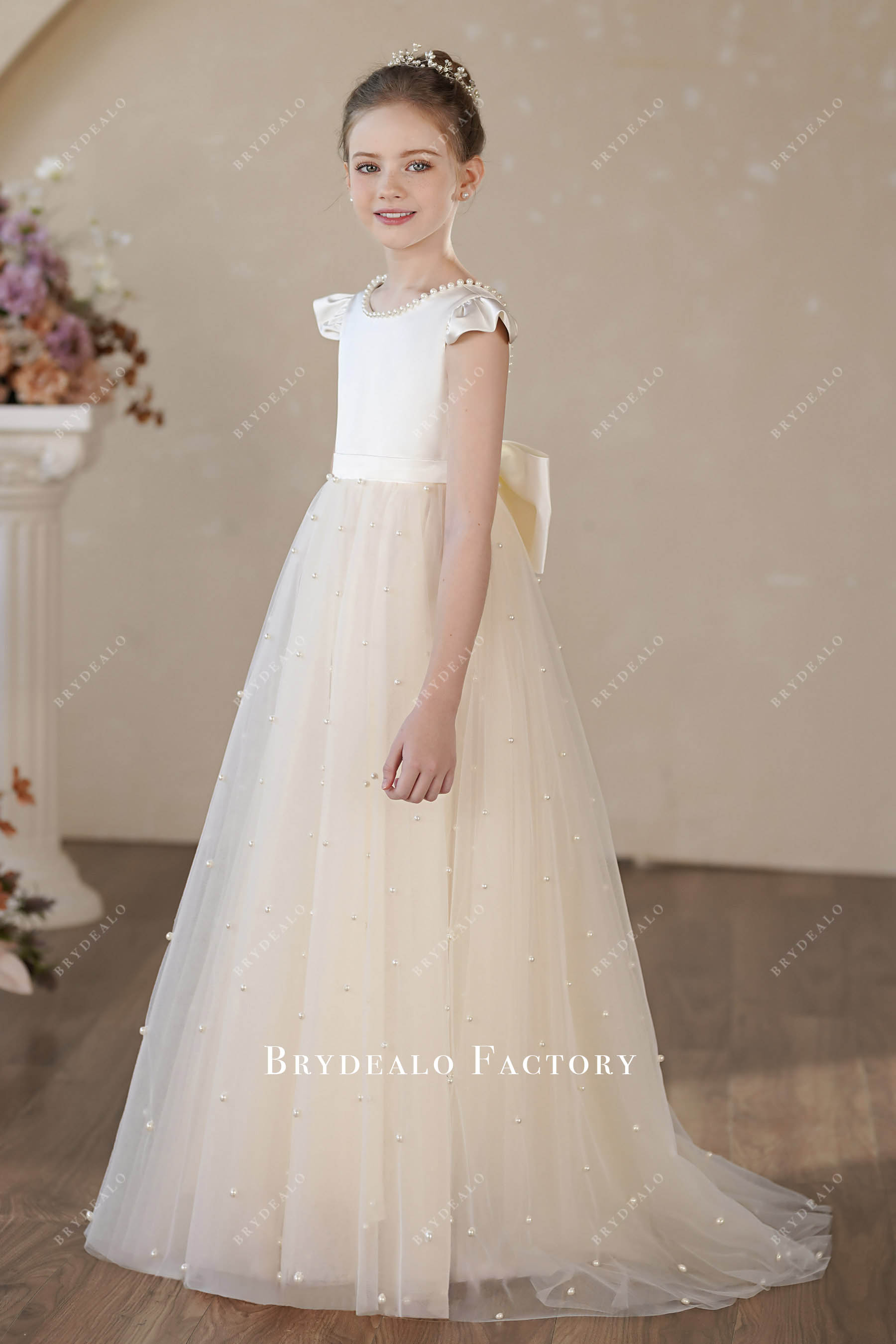 pearl satin tulle flower girl dress