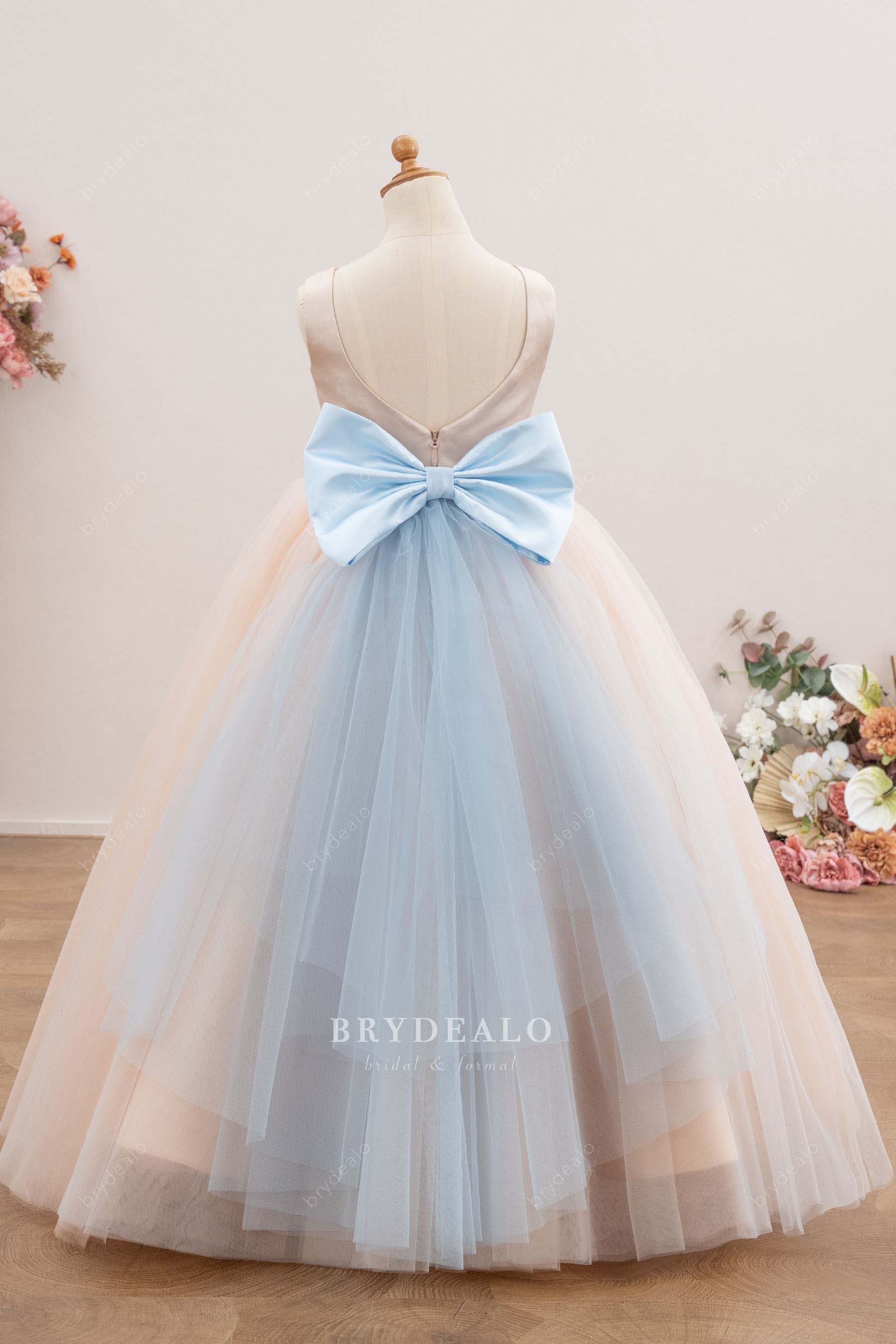 pearl tulle blue satin knot flower girl dress