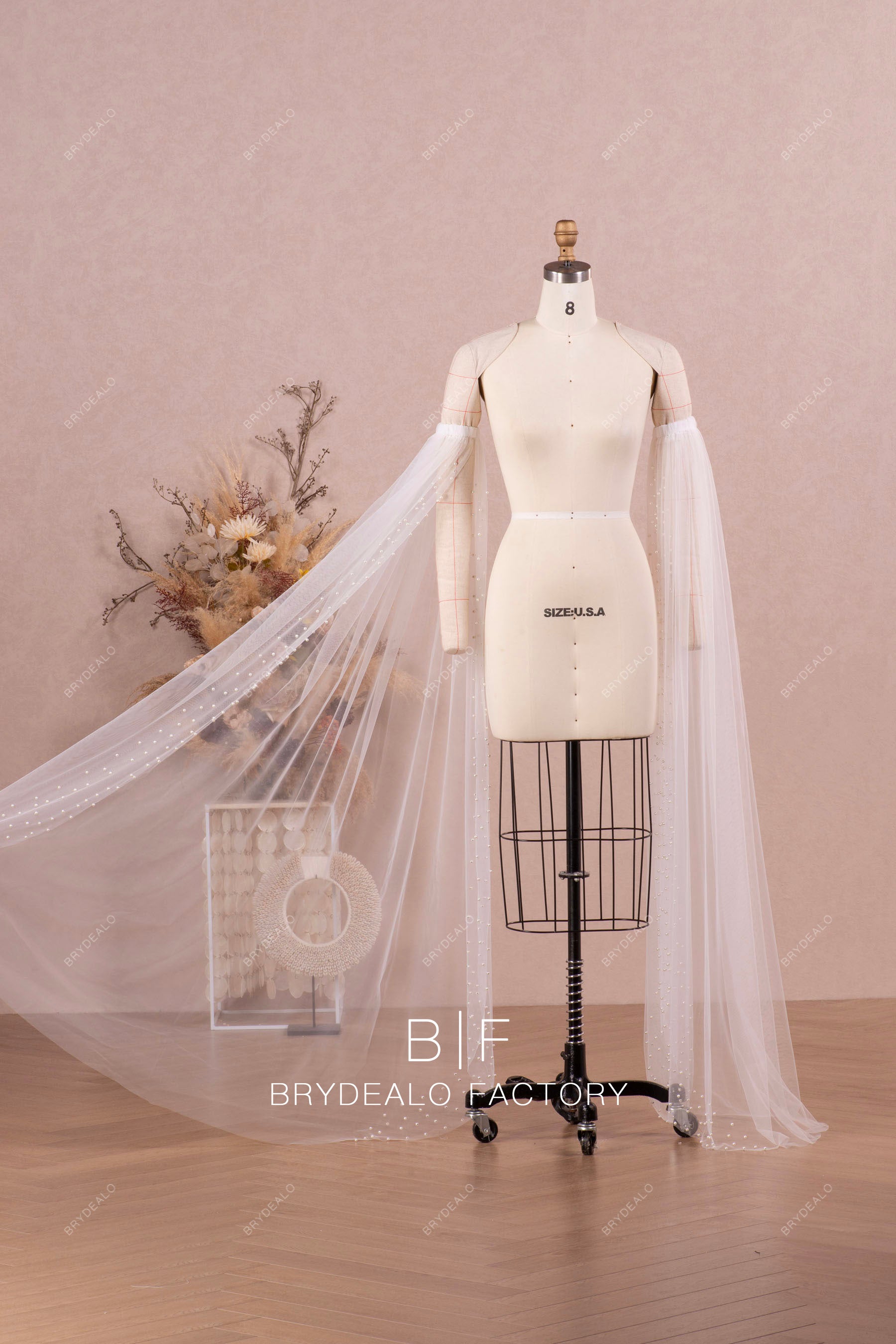 pearl tulle bridal long bell sleeves