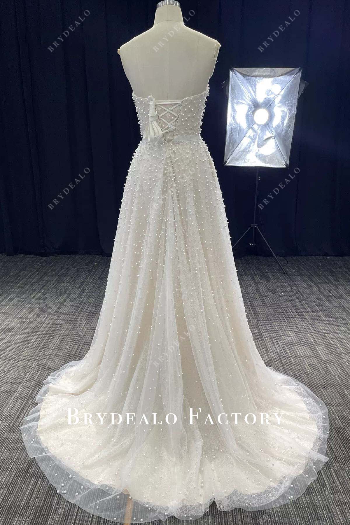pearls a line sweep train wedding dress