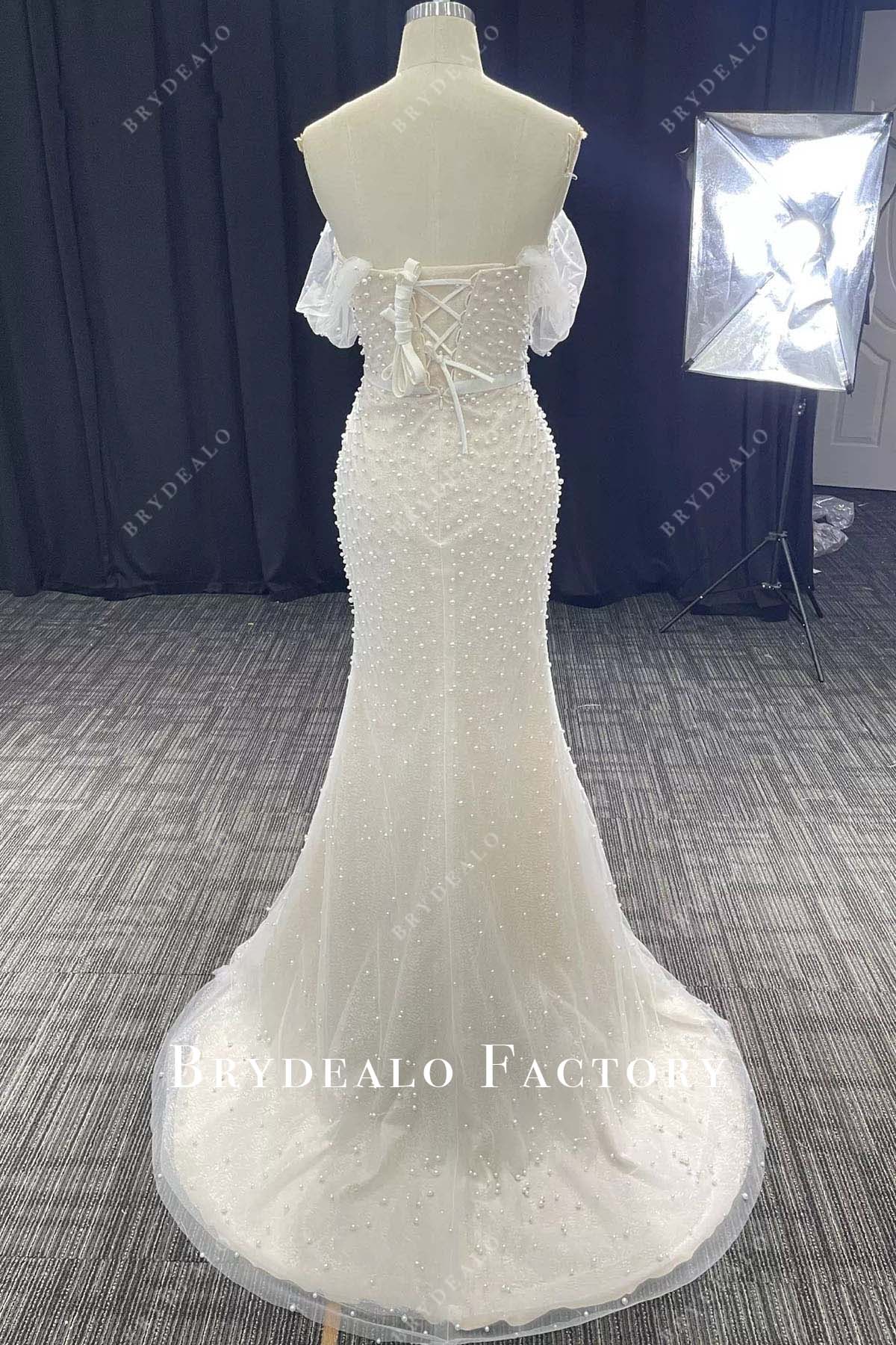 pearls off shoulder mermaid sweep train wedding dress