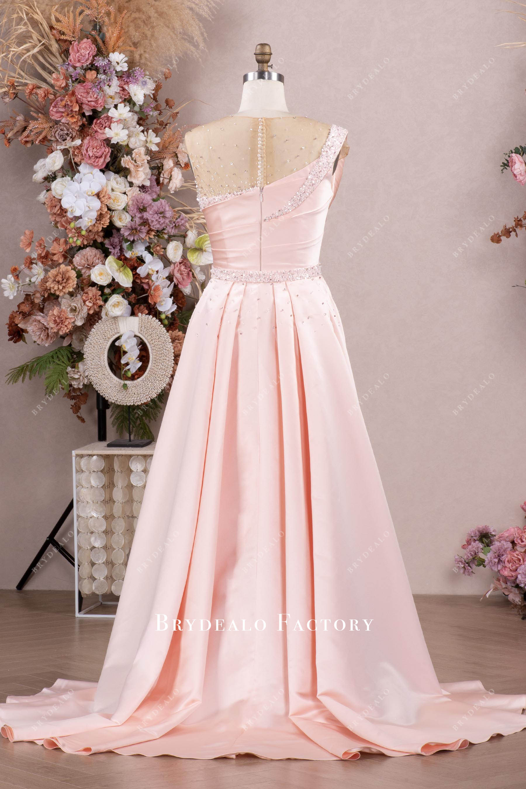 pink beaded satin overskirt mother of bride gown