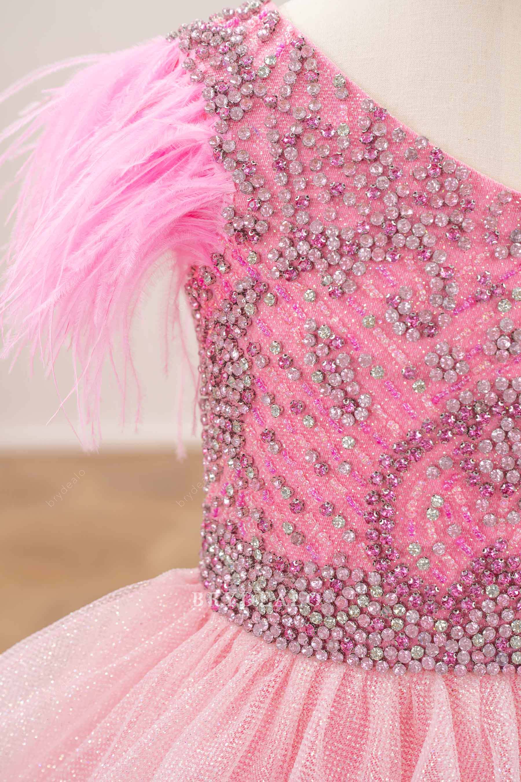 pink feather shoulder junior pageant gown
