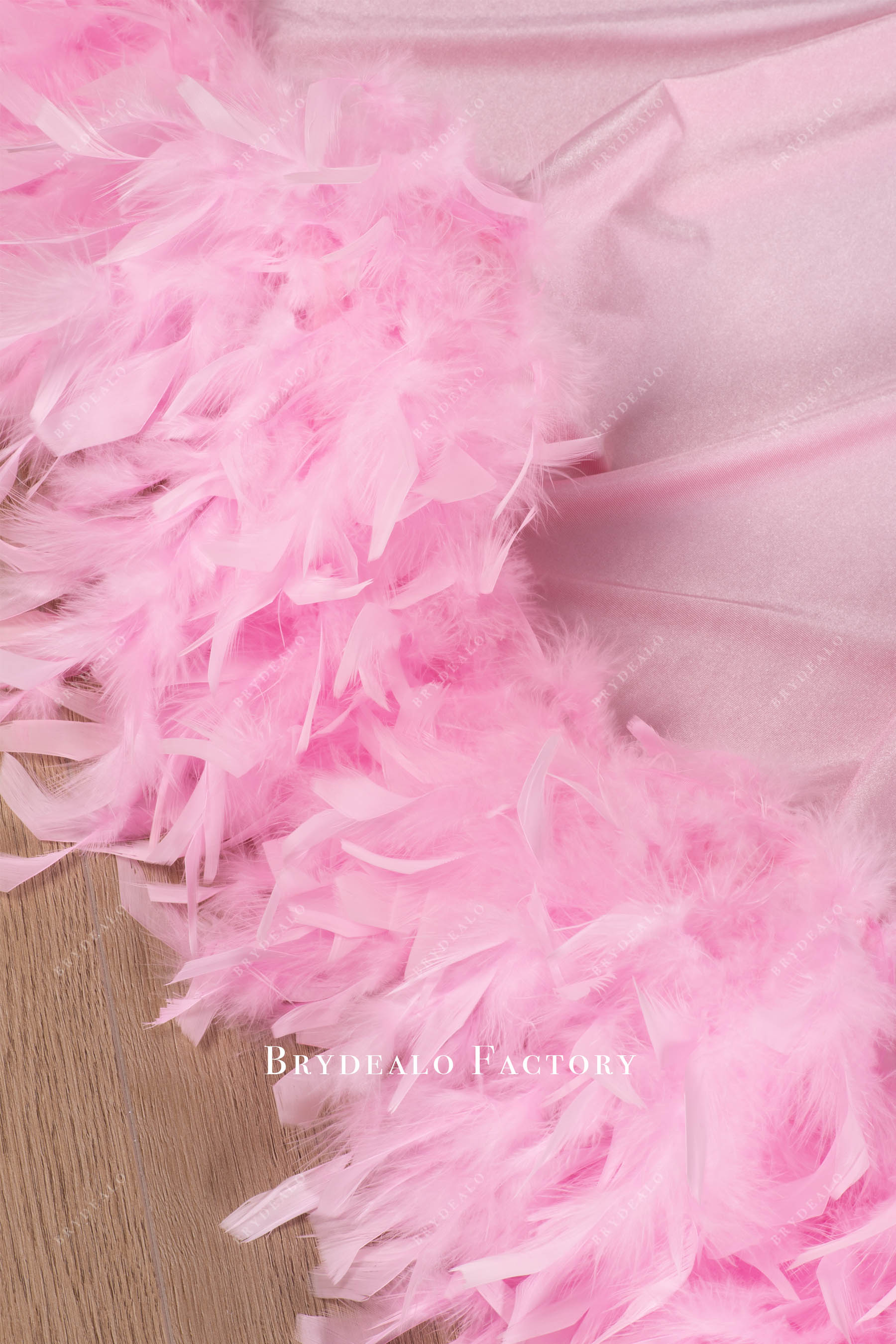 pink feather train prom dress