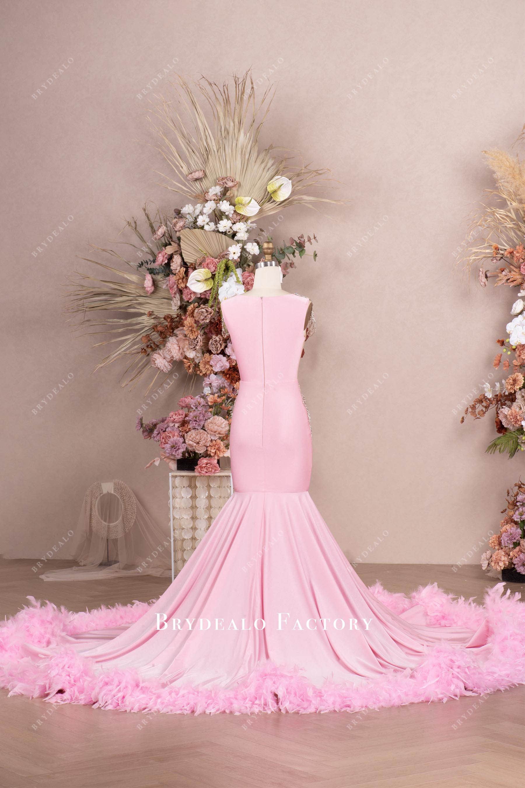 pink fit flare long feather train prom gown