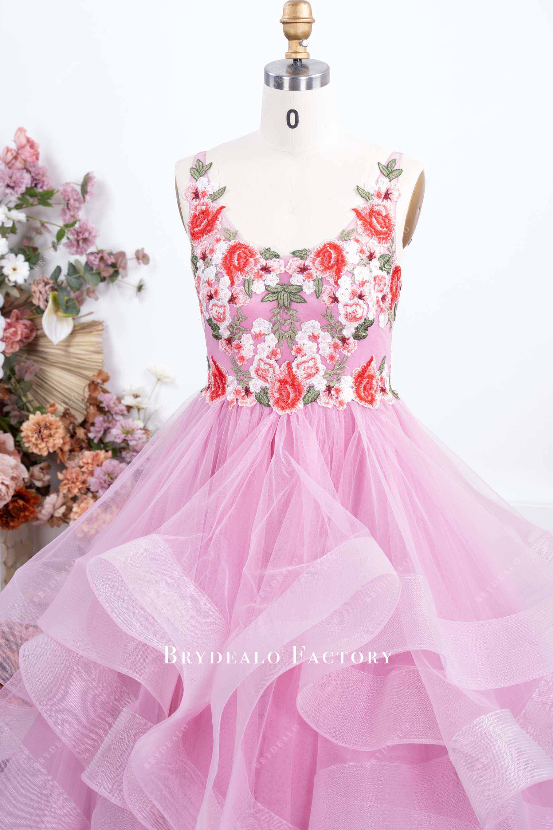 pink flower lace prom dress