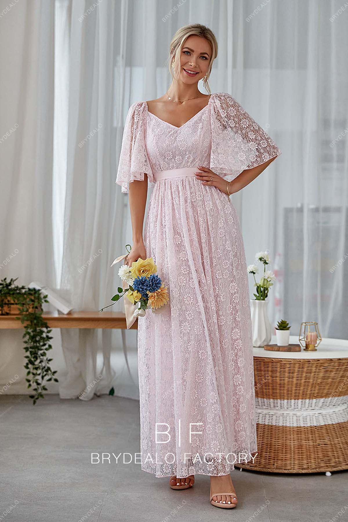 Pink Flutter Sleeves V-neck Lace Long Bridesmaid Dress