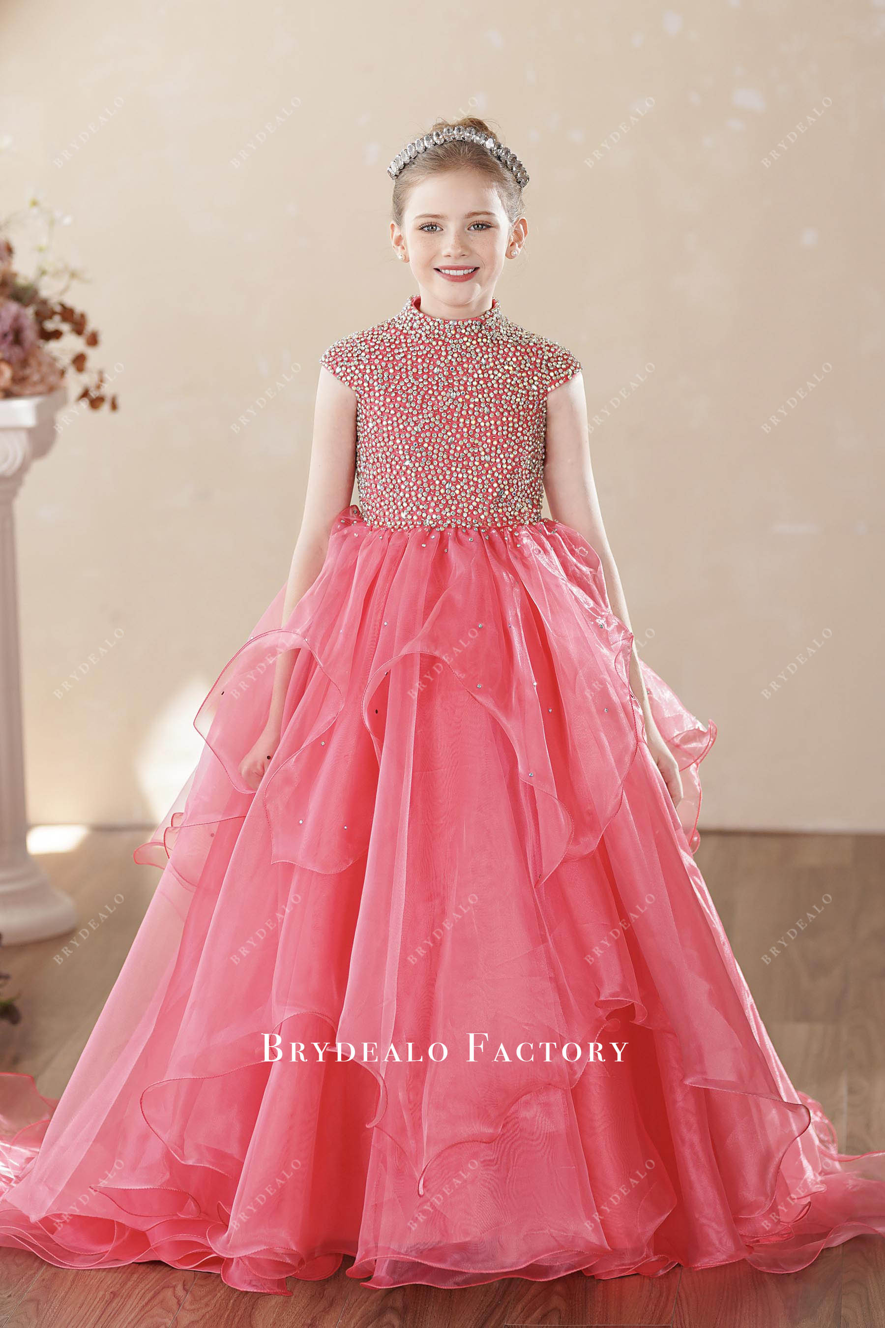 pink layered organza sparkly kids pageant dress