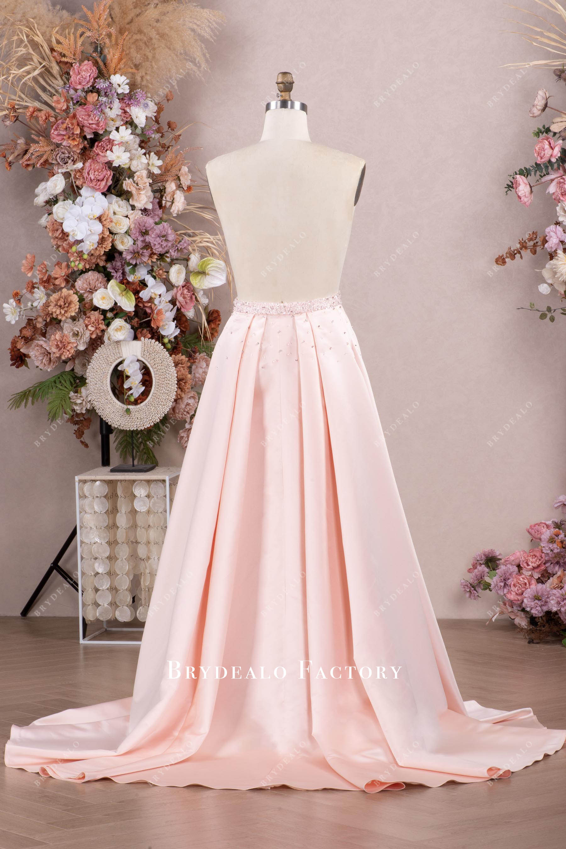 pink pleated satin bridal overskirt