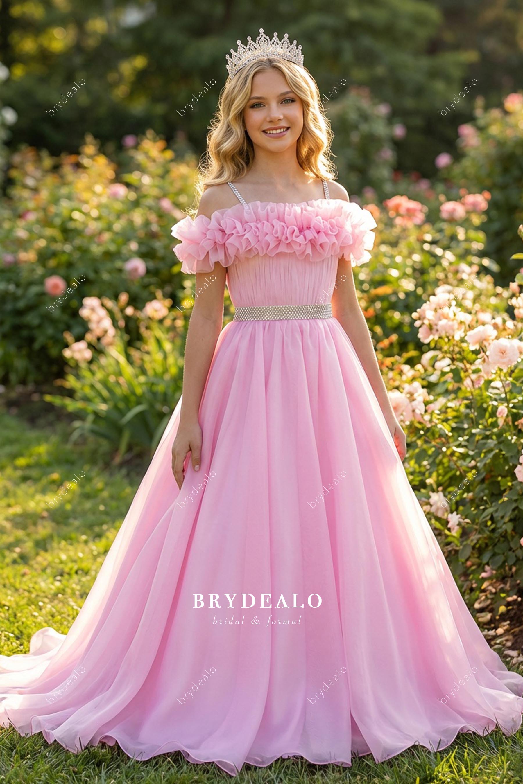 pink ruffled off-shoulder teen pageant gown