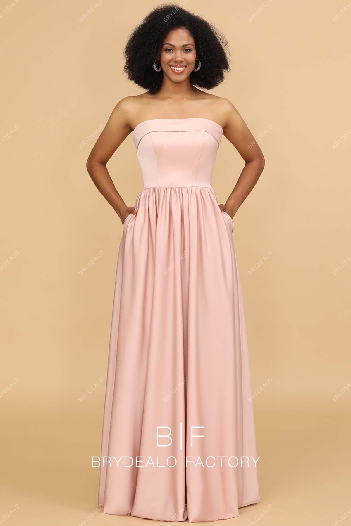 Rose Gold Strapless A-line Pockets Satin Bridesmaid Dress