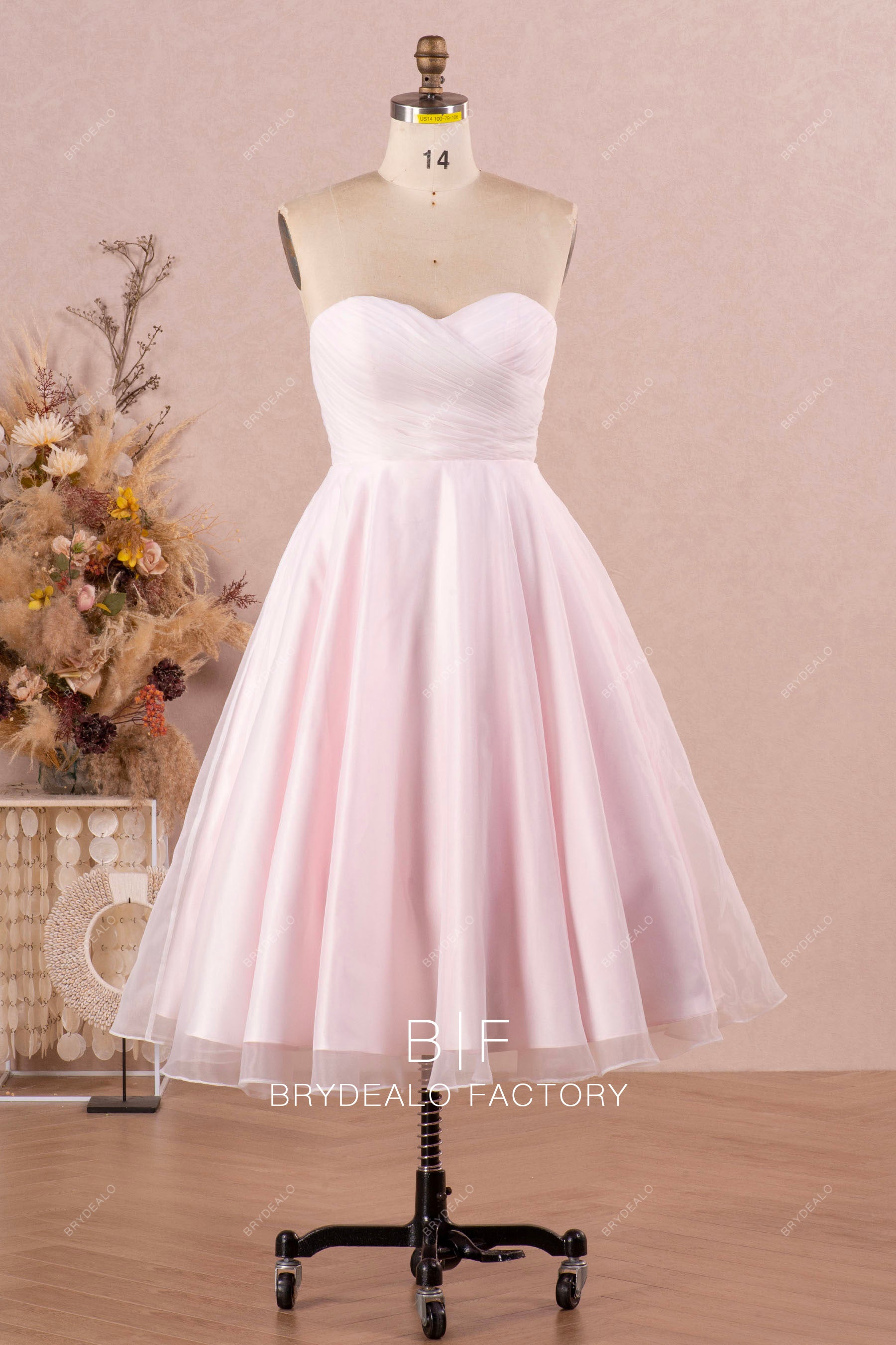pink strapless sweetheart tea length wedding dress