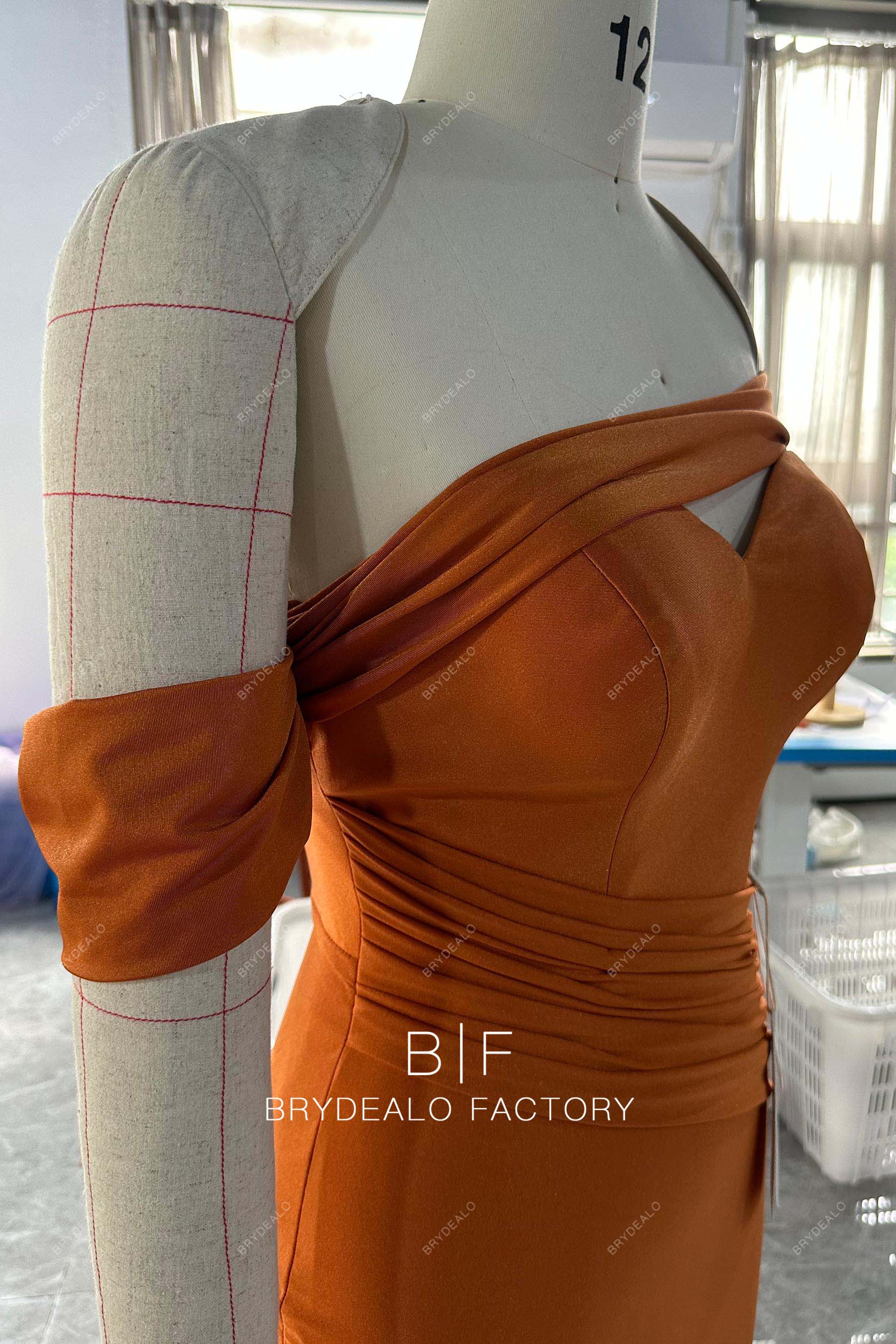 pleated off shoulder rusty bridesmaid gown