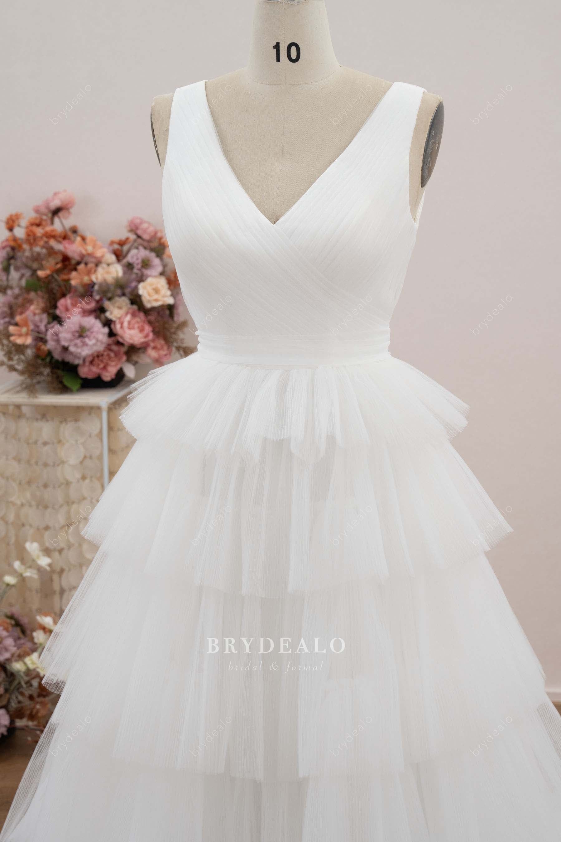 pleated V-neck wedding dress