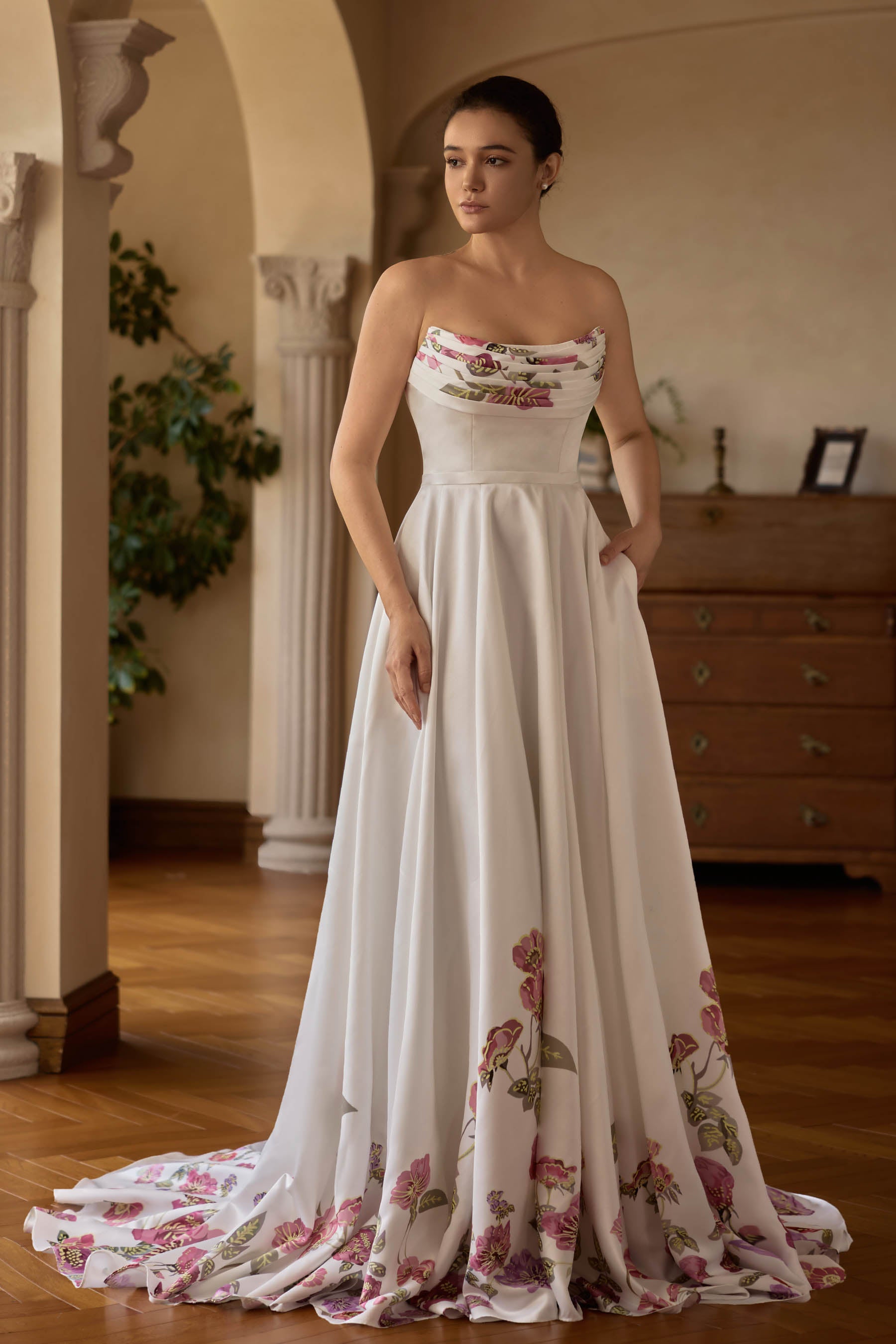 pleated curve neck floral wedding gown