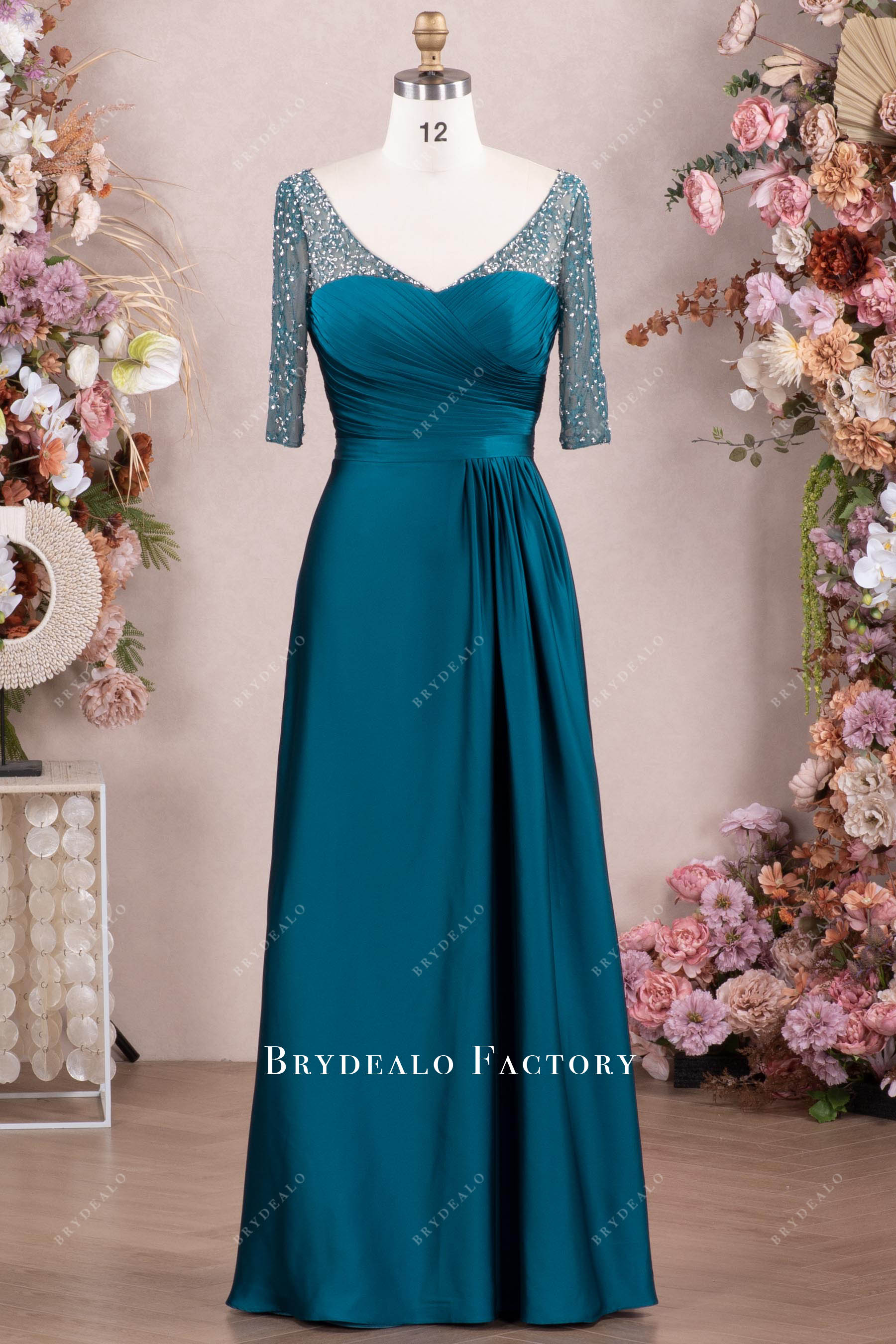 pleated lace chiffon satin mother of bride dress