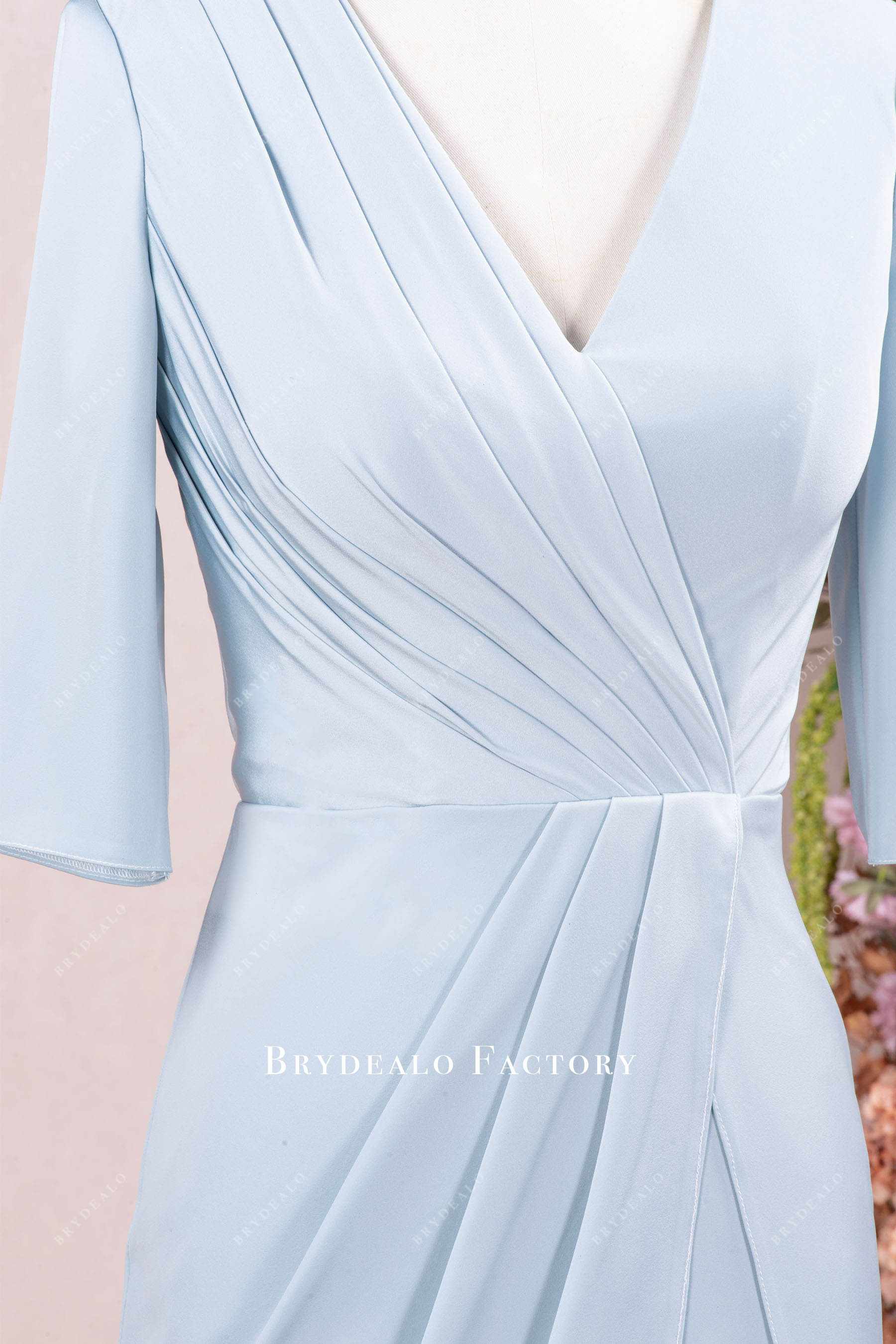 pleated satin V-neck mother of bride dress