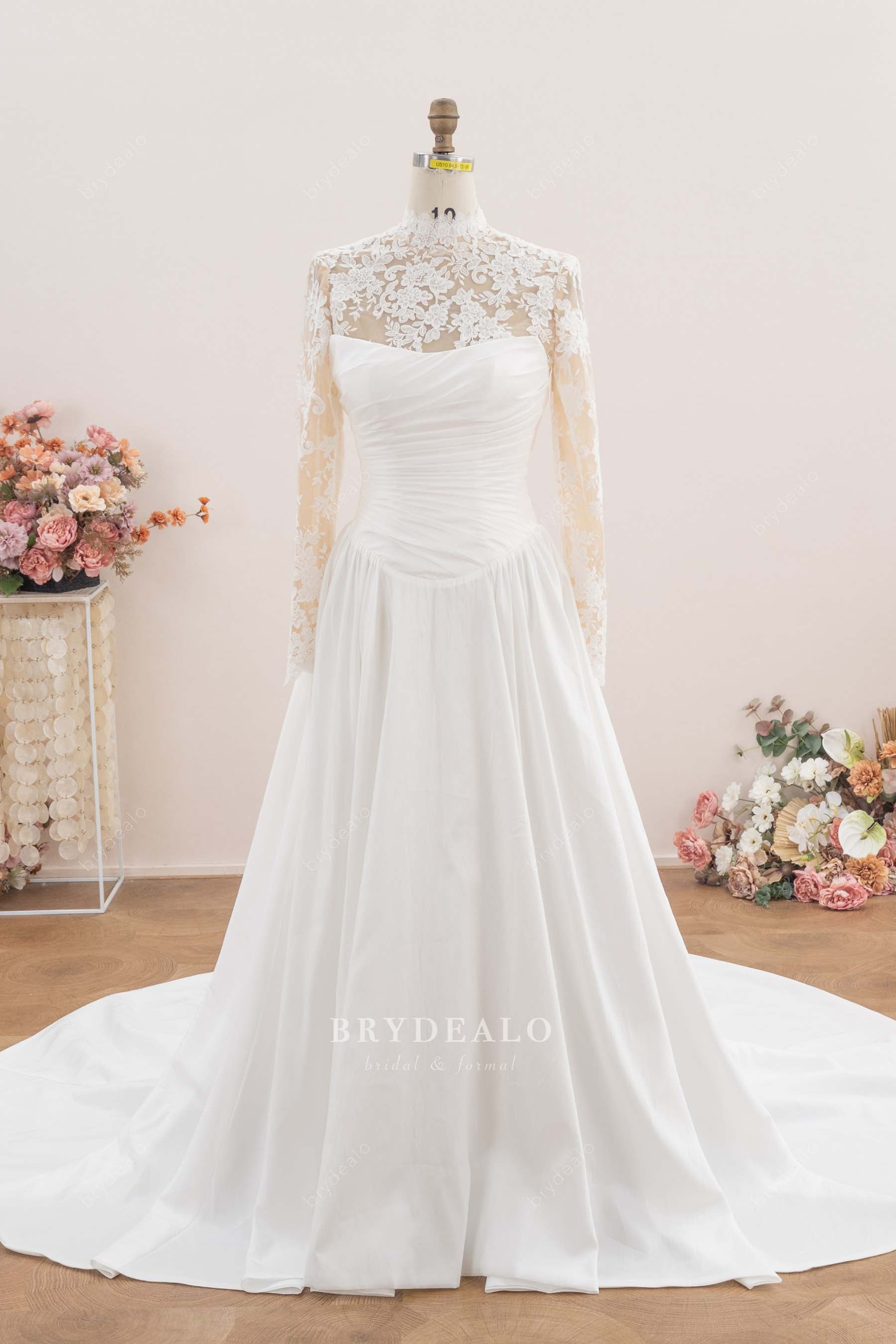 pleated satin drop waist wedding dress