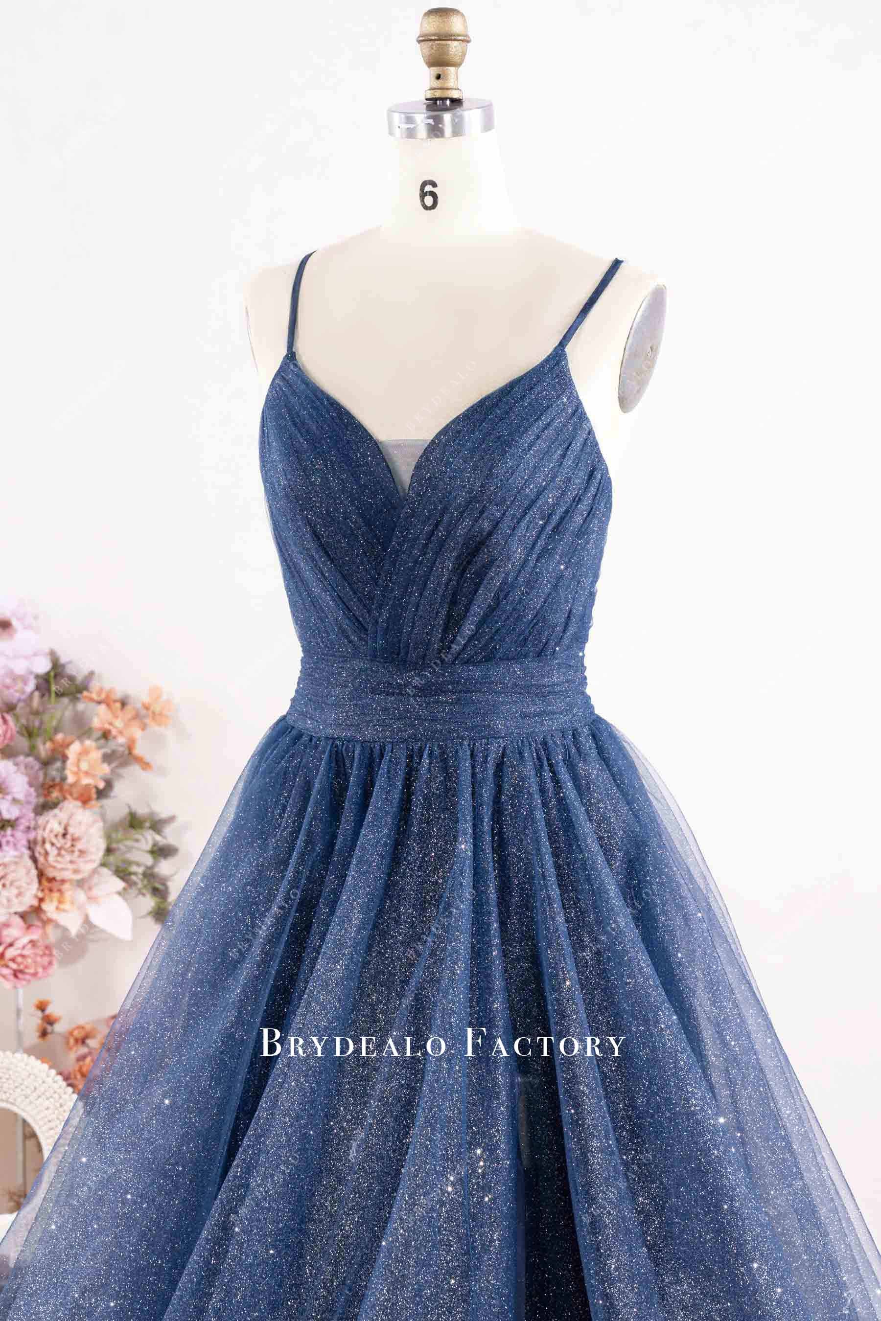 pleated shimmery tulle prom dress
