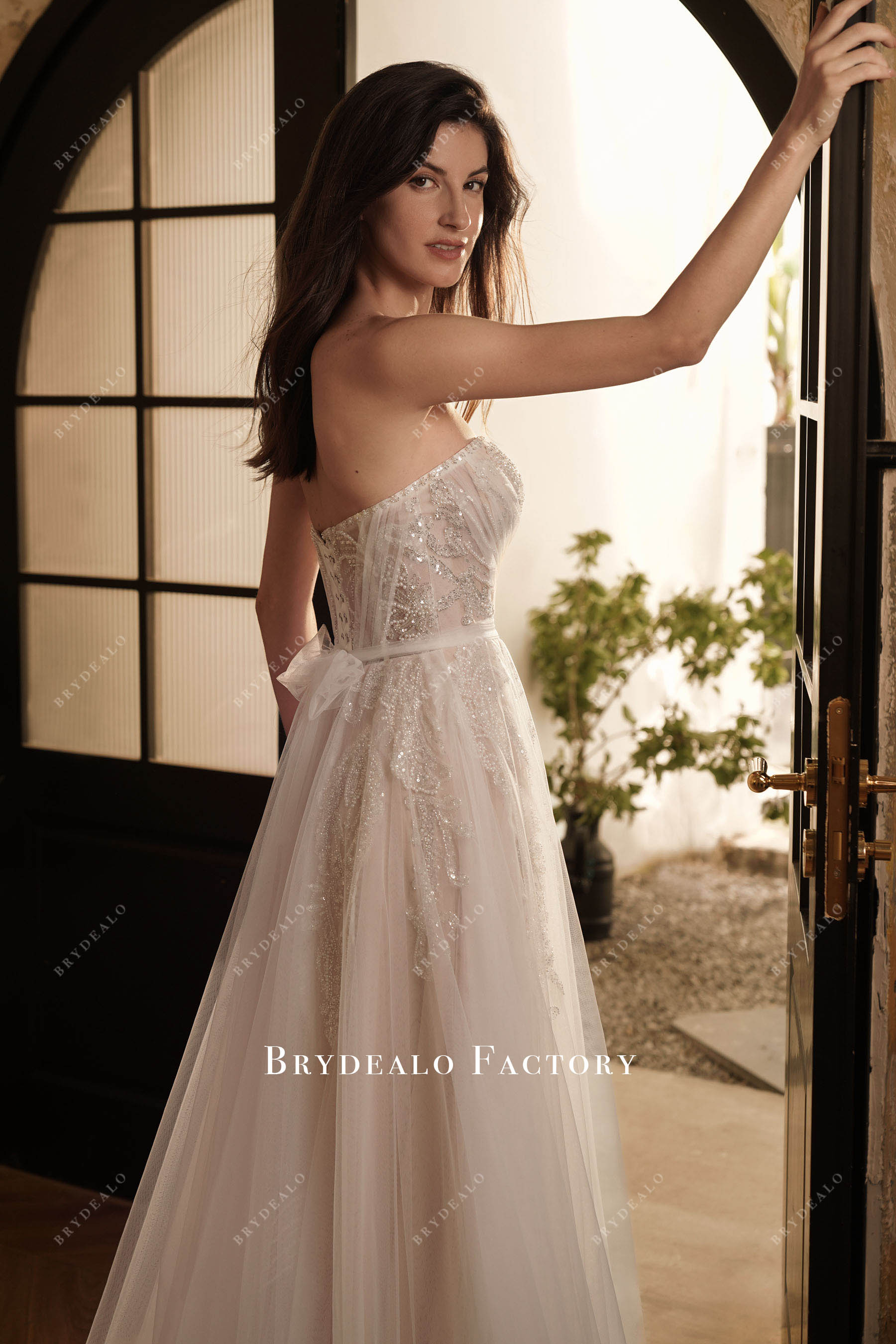 pleated tulle beaded lace wedding dress