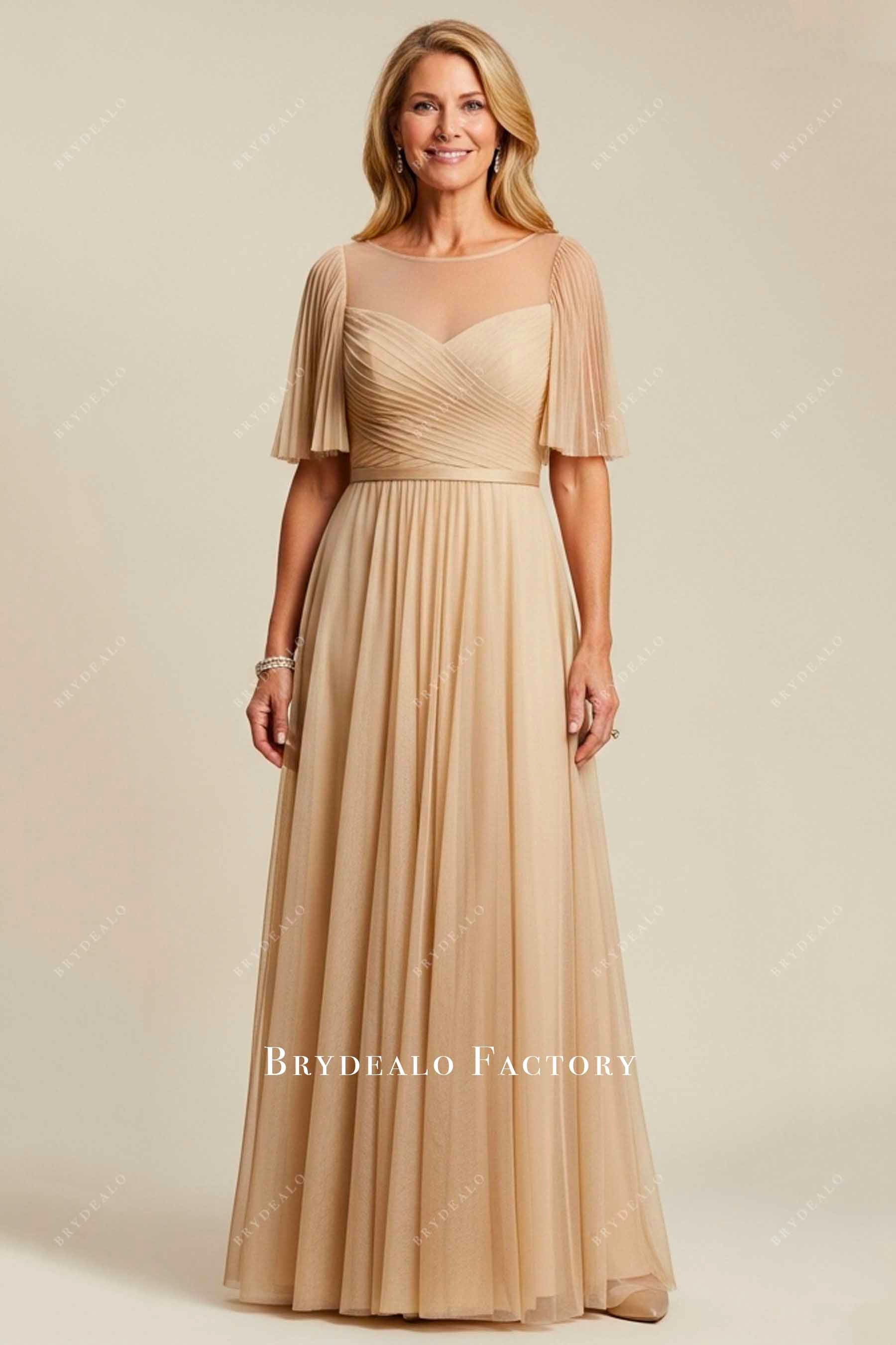 pleated tulle sleeve formal dress