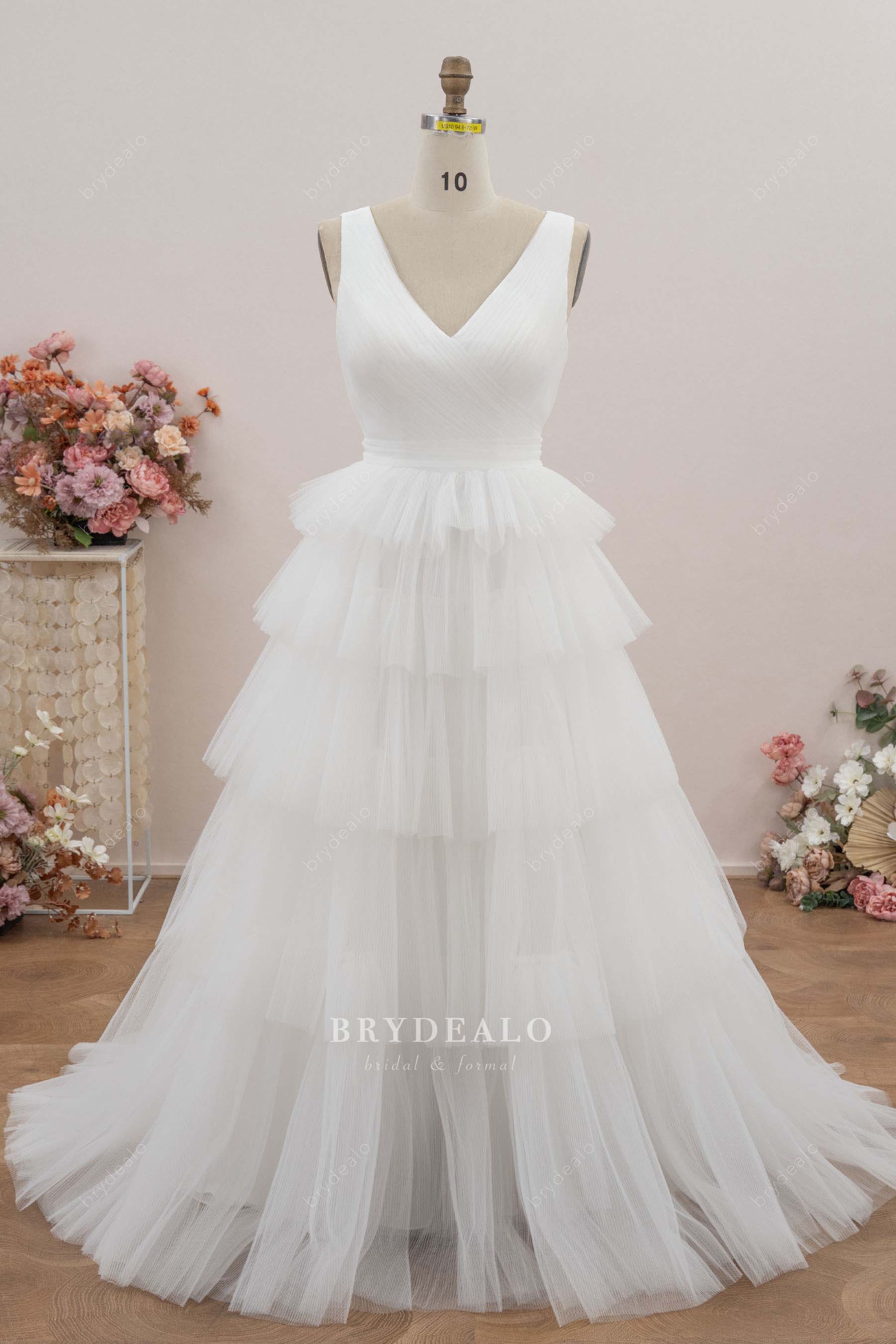 pleated tulle sleeveless wedding dress