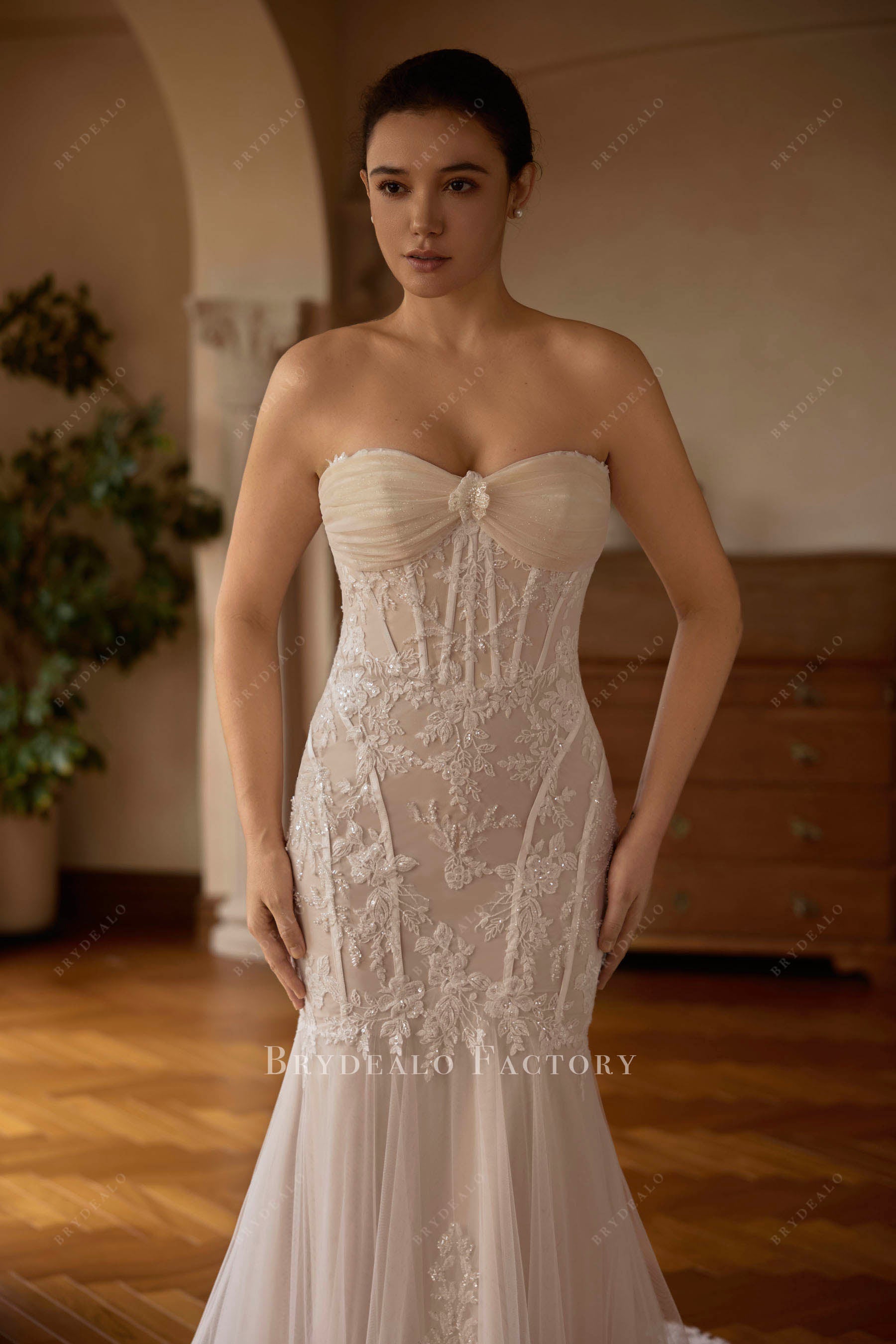 pleated tulle sweetheart neck wedding dress