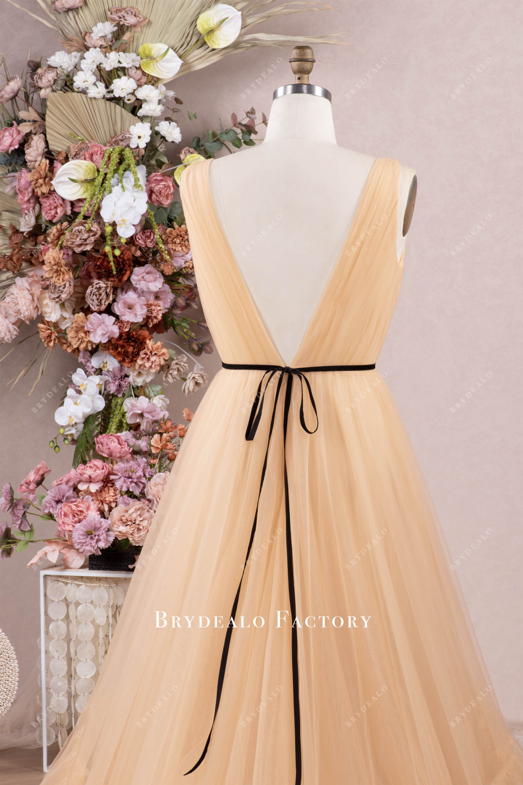 pleated V-cut back bridesmaid dress