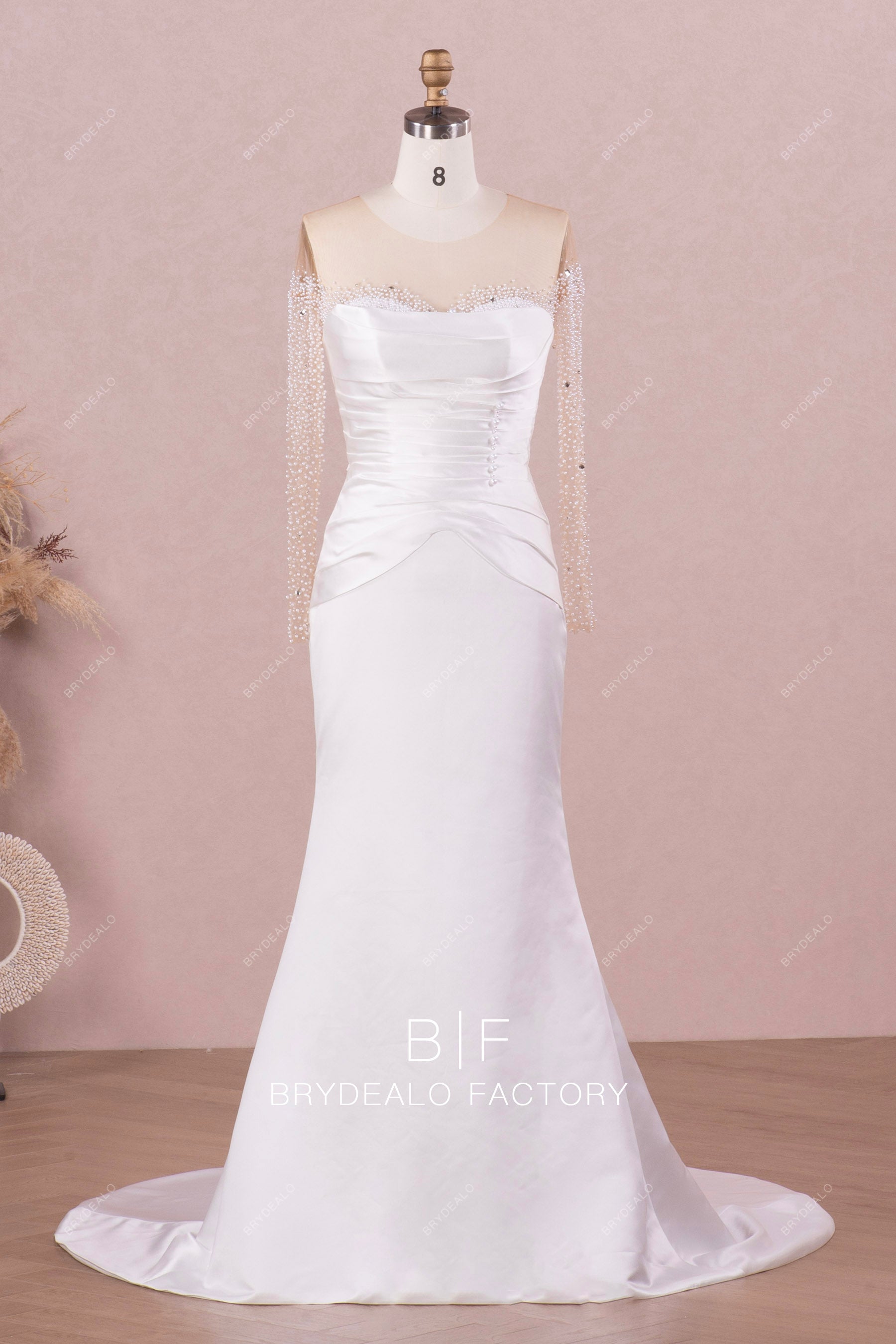 pleated waist mermaid wedding dress