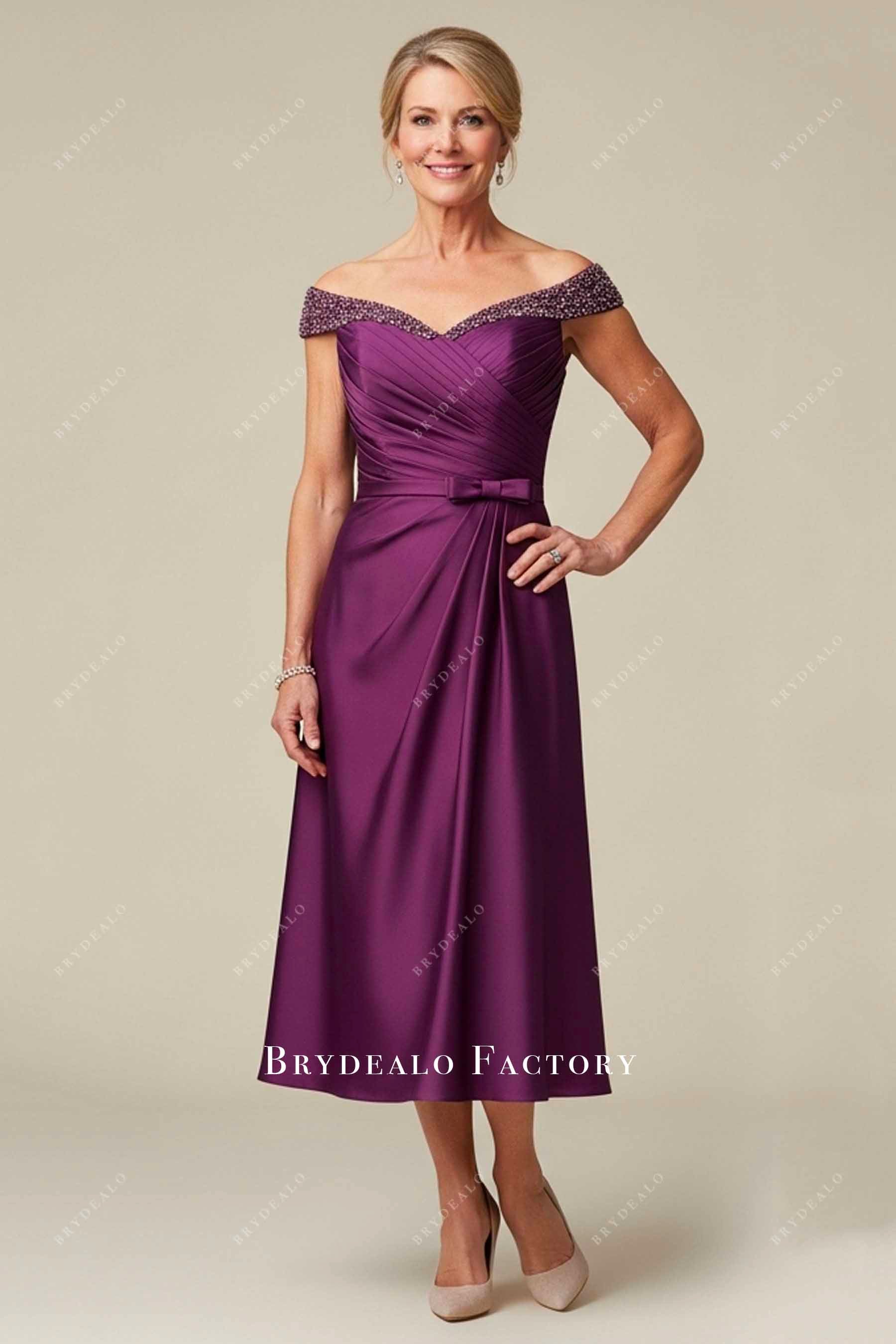plum off-shoulder satin mother bride dress
