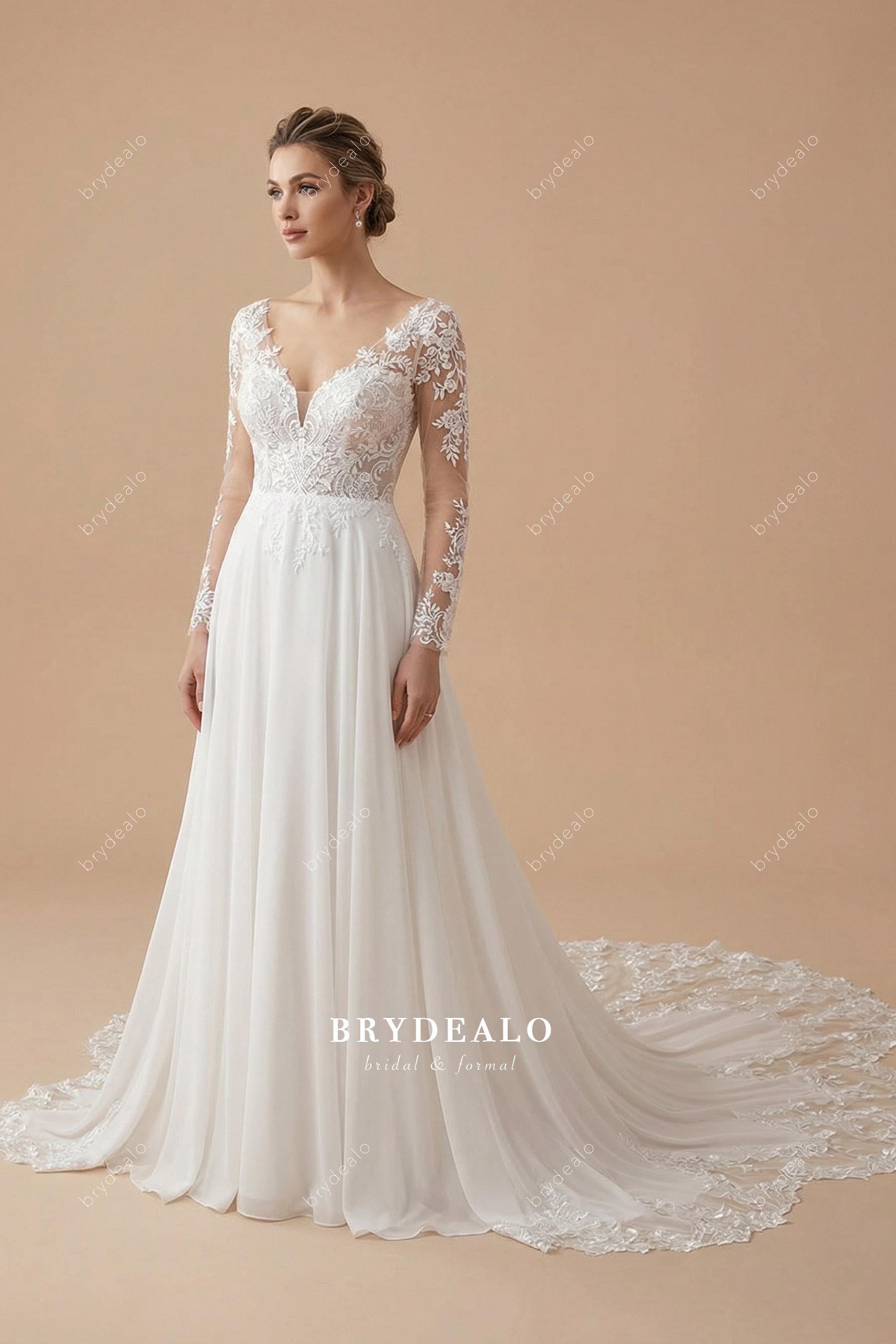 plunging chiffon lace cutout train wedding dress