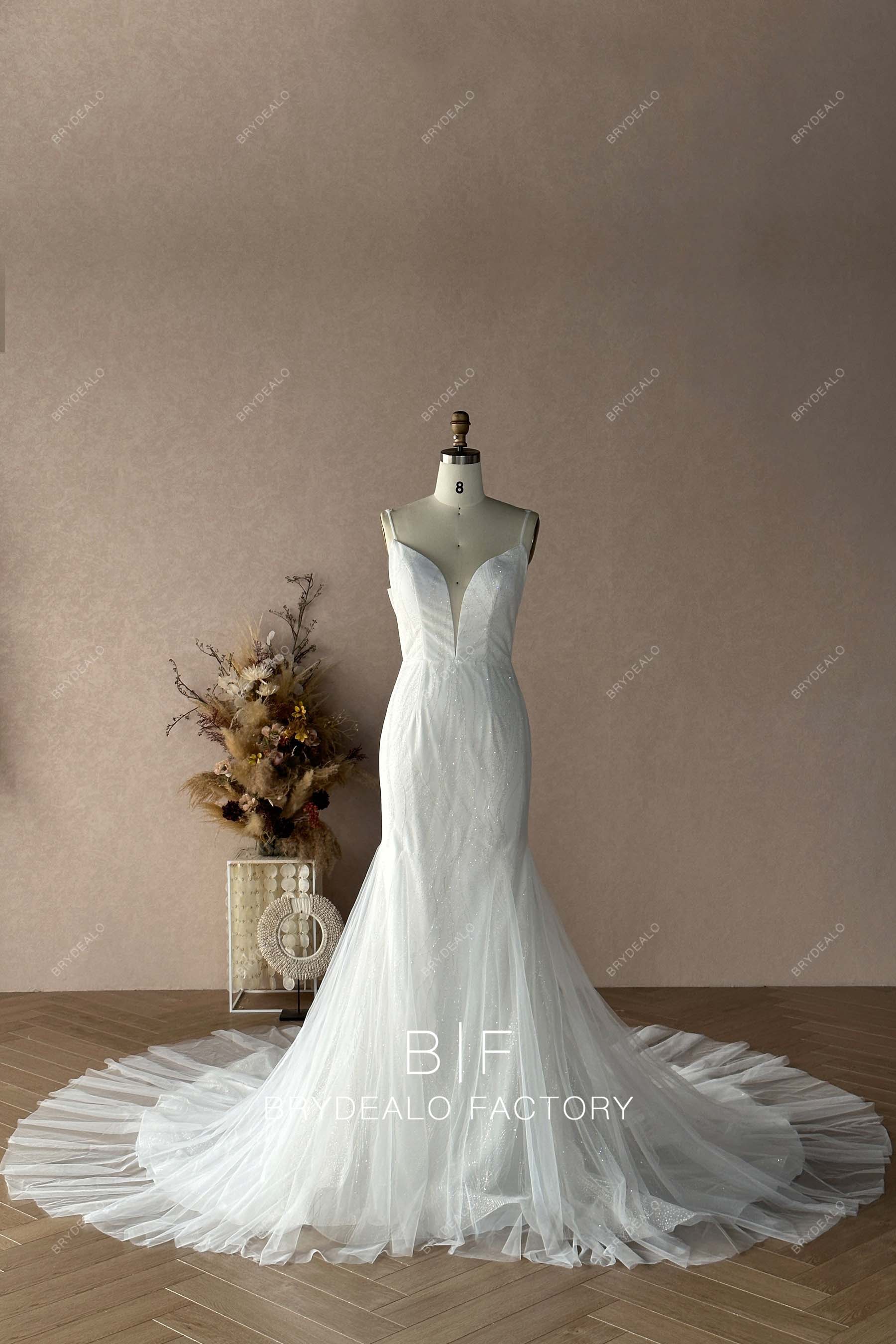 Luxury Glitter Private Label Plunging Neck Wedding Dress 