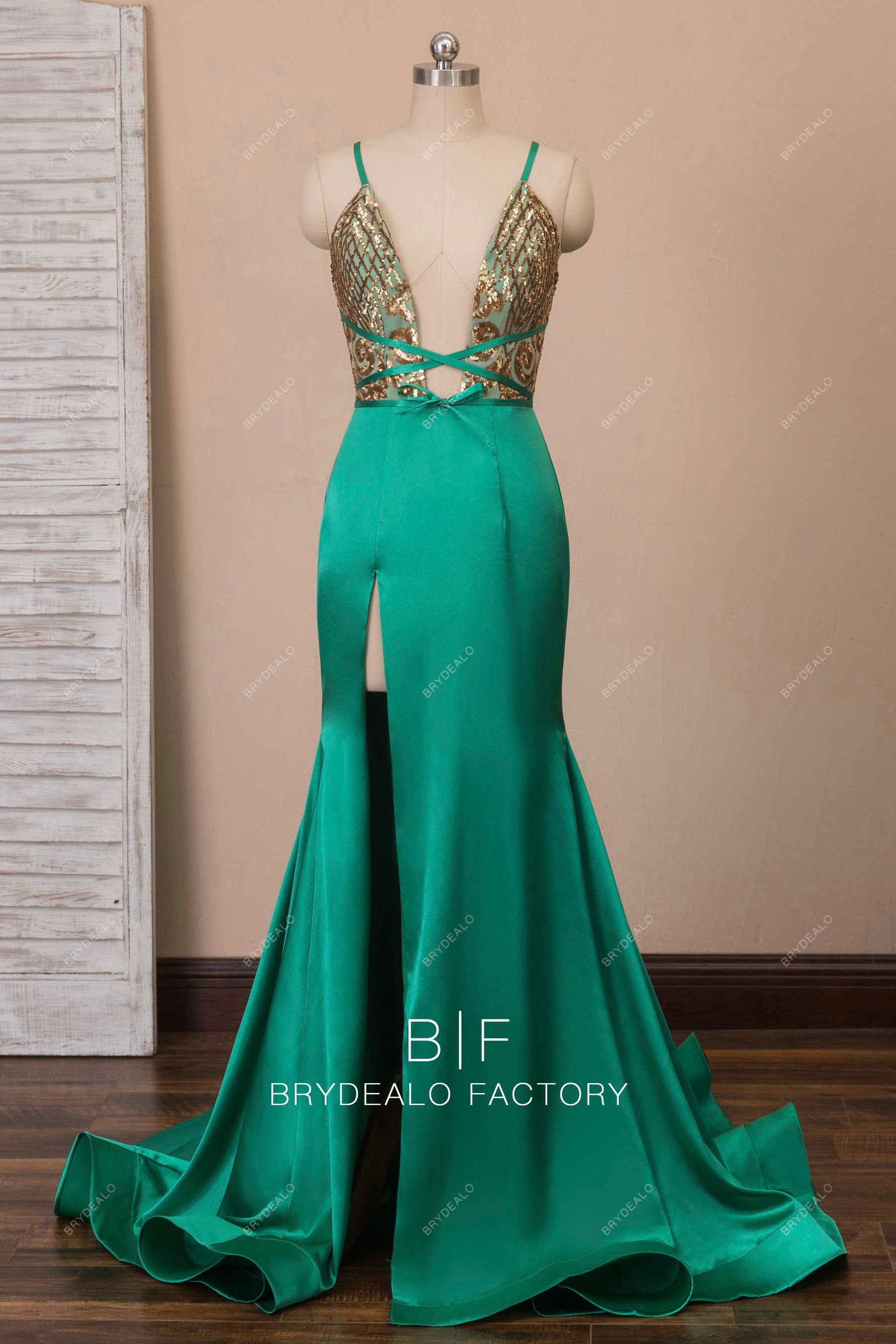 plunging gold sequin green satin prom dress