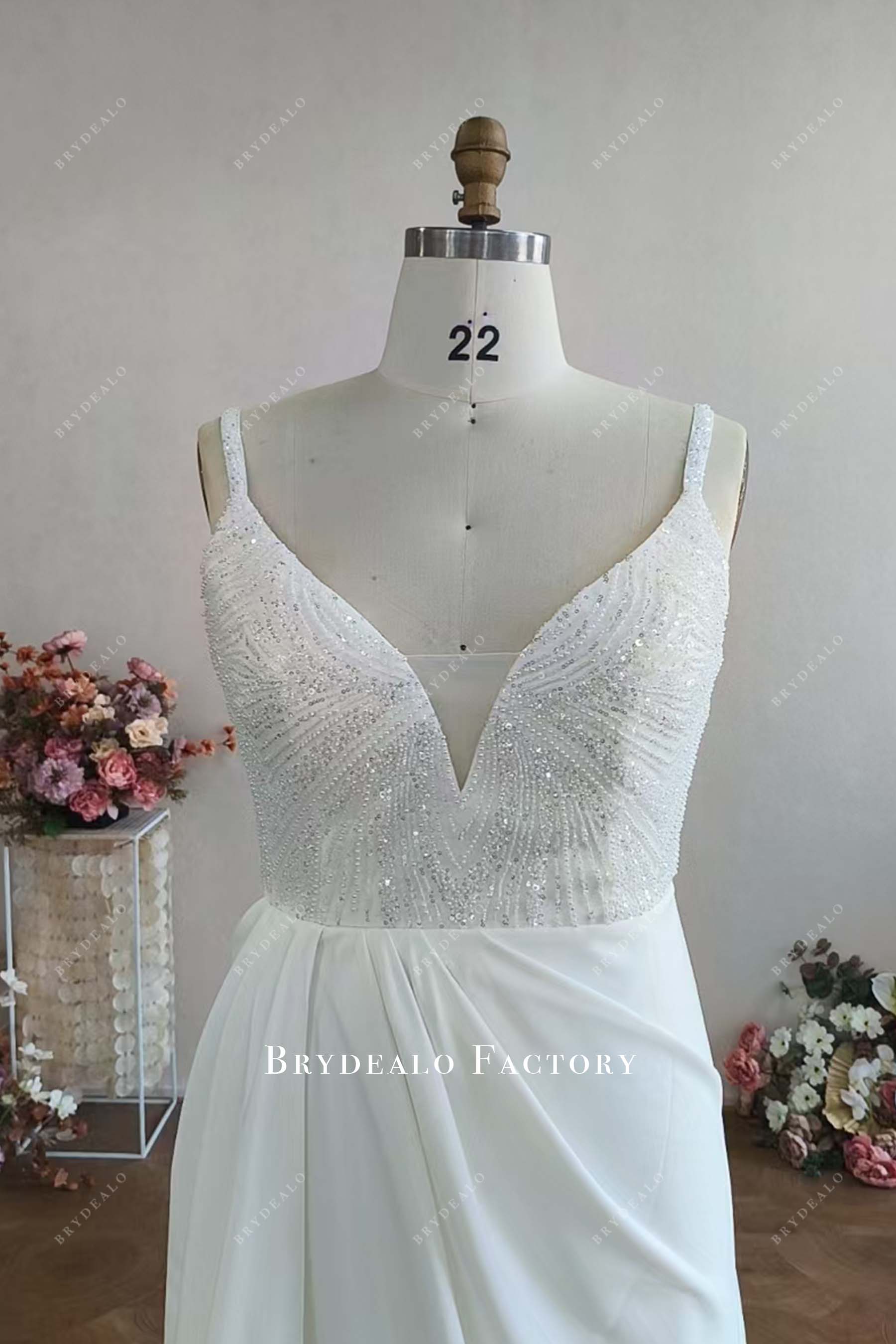 plus size plunging neck beaded lace wedding dress