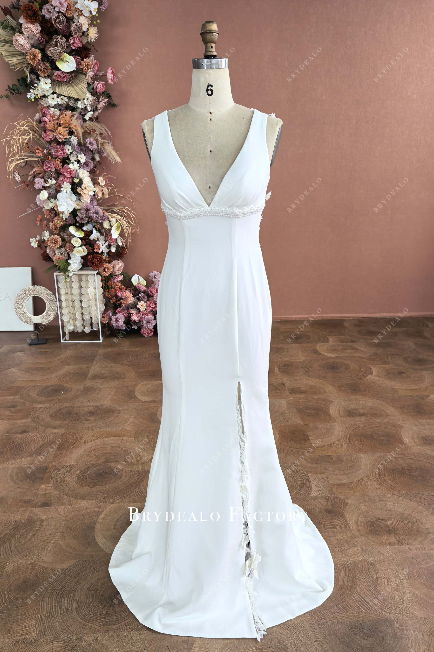 plunging neck empire crepe wedding dress