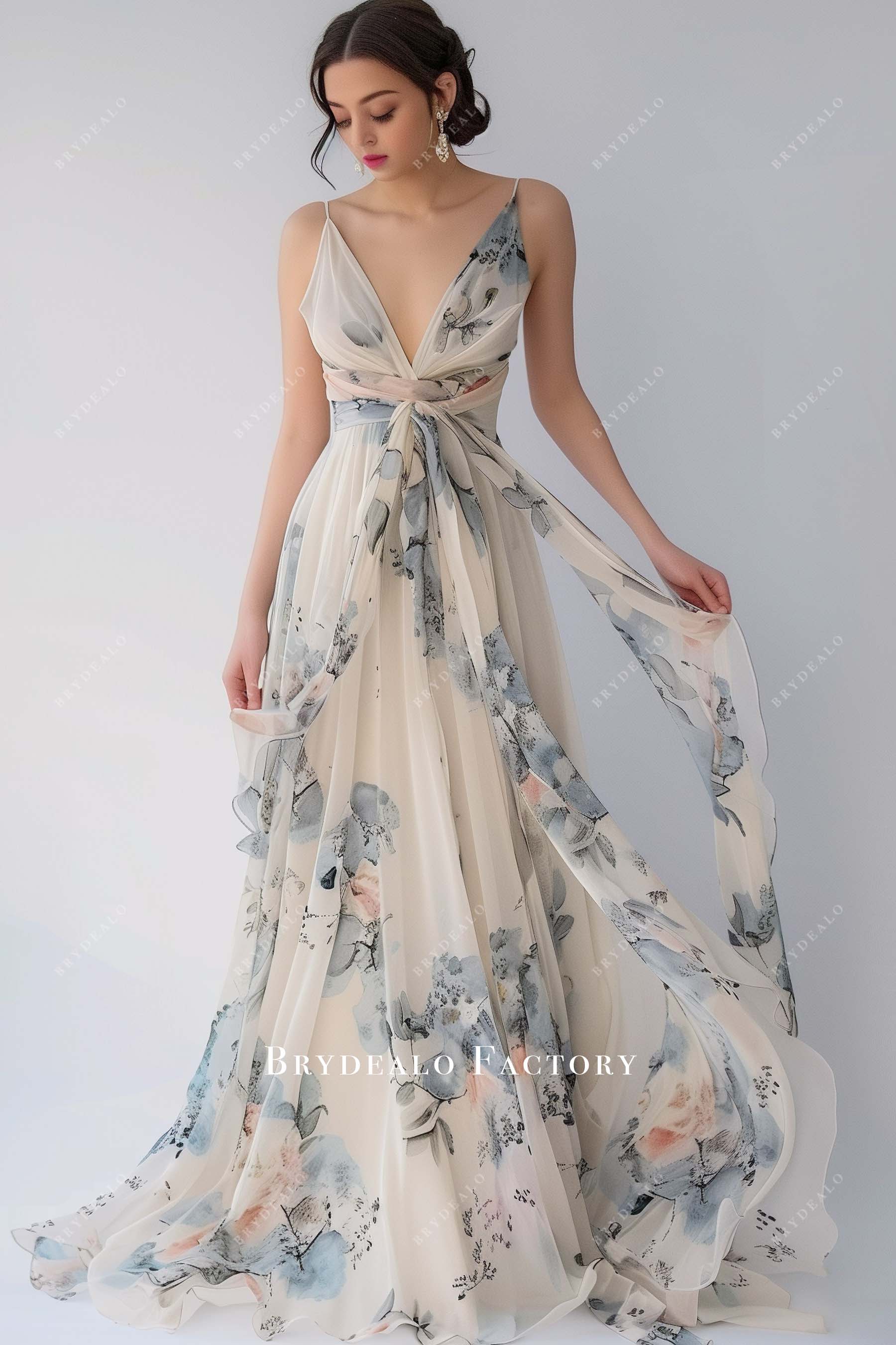 Plunging V-neck Print Chiffon A-line Bridesmaid Gown