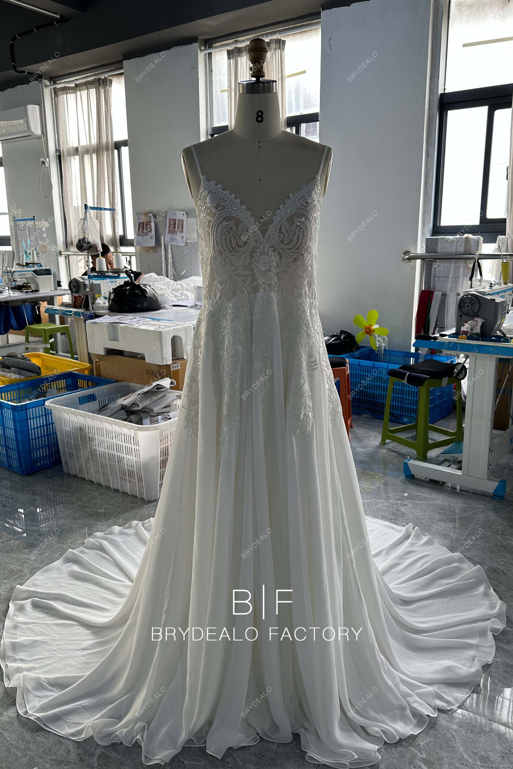 private label plunging neck lace chiffon wedding gown