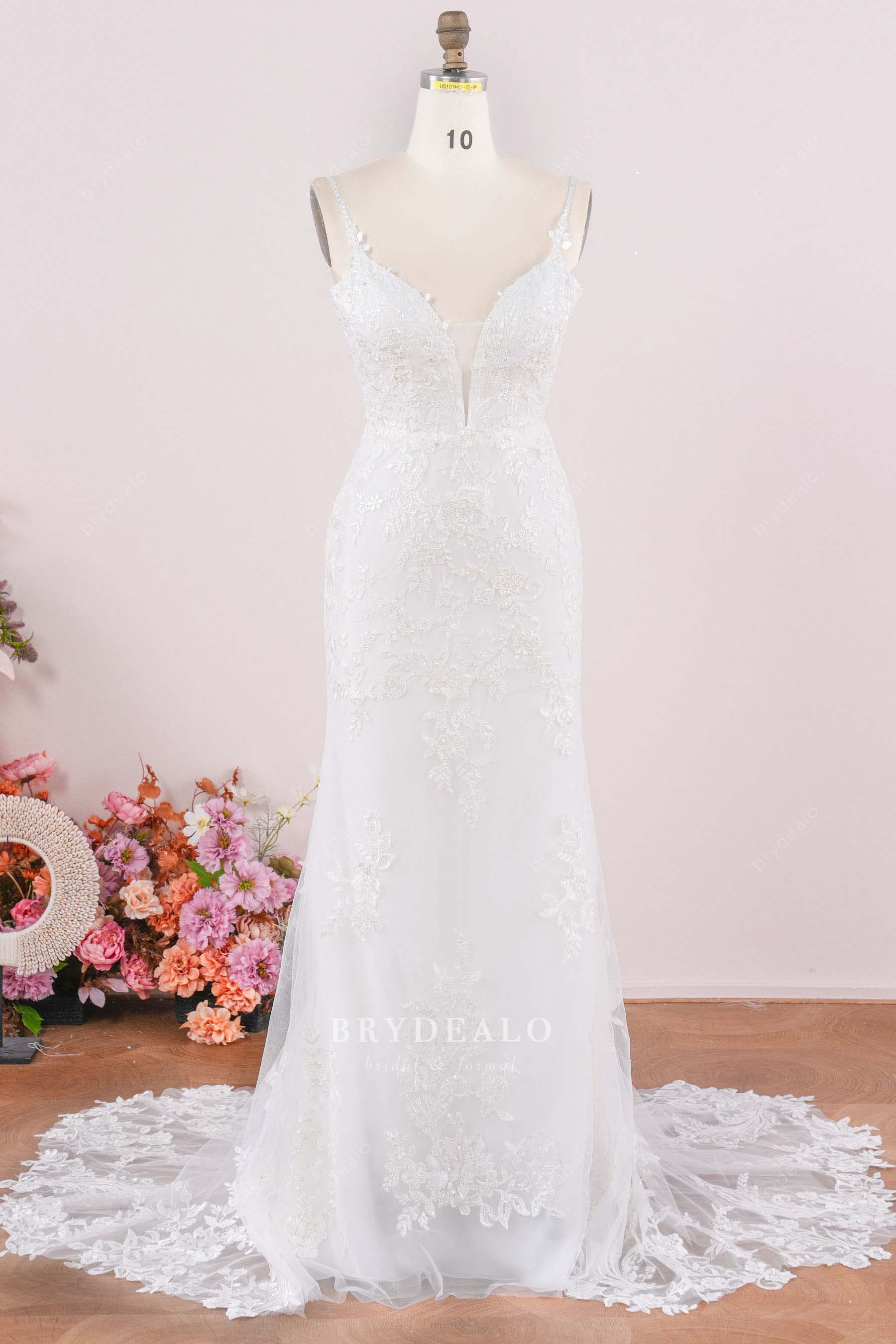 plunging neck lace wedding dress
