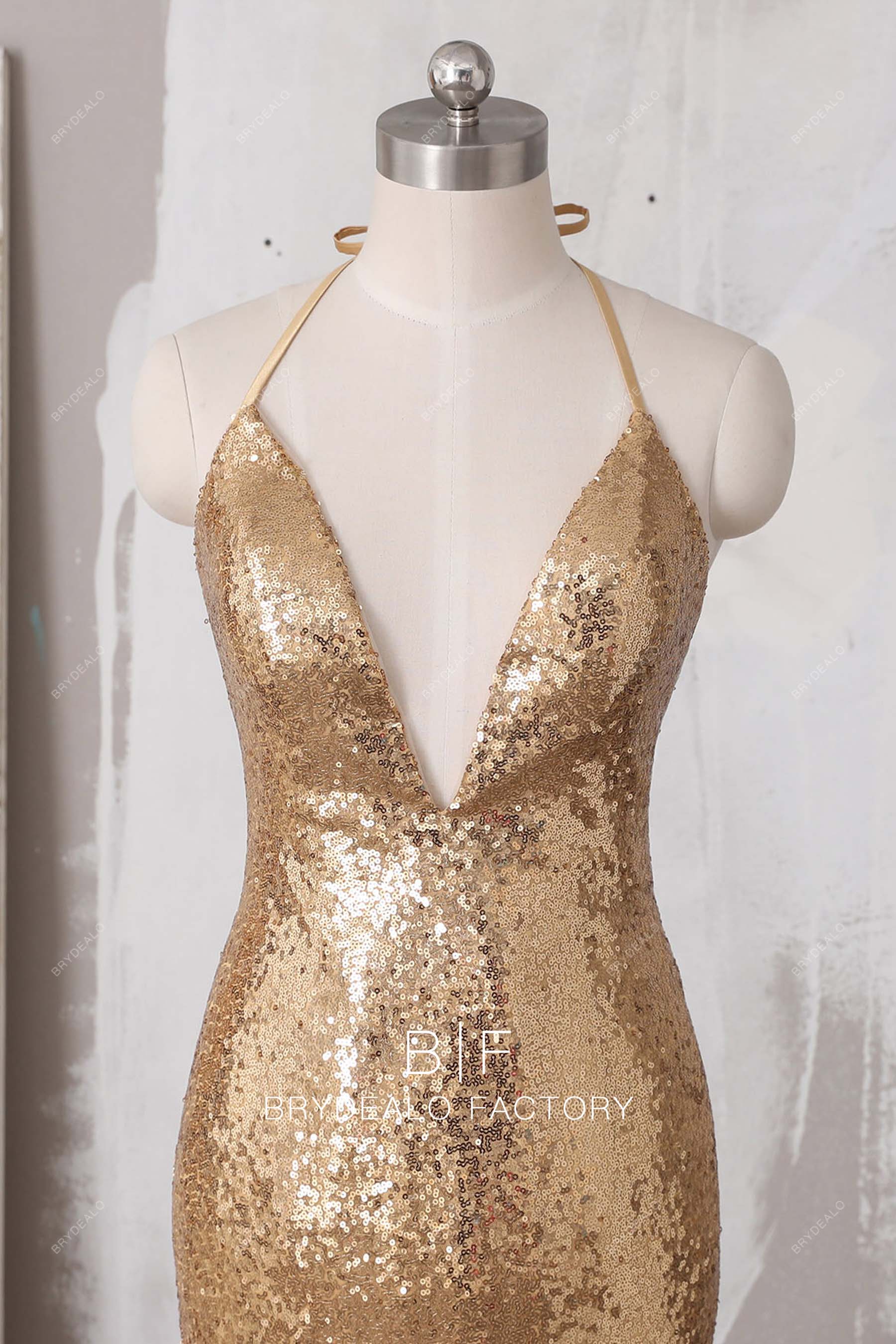 plunging neck sleeveless gold sequin prom dress