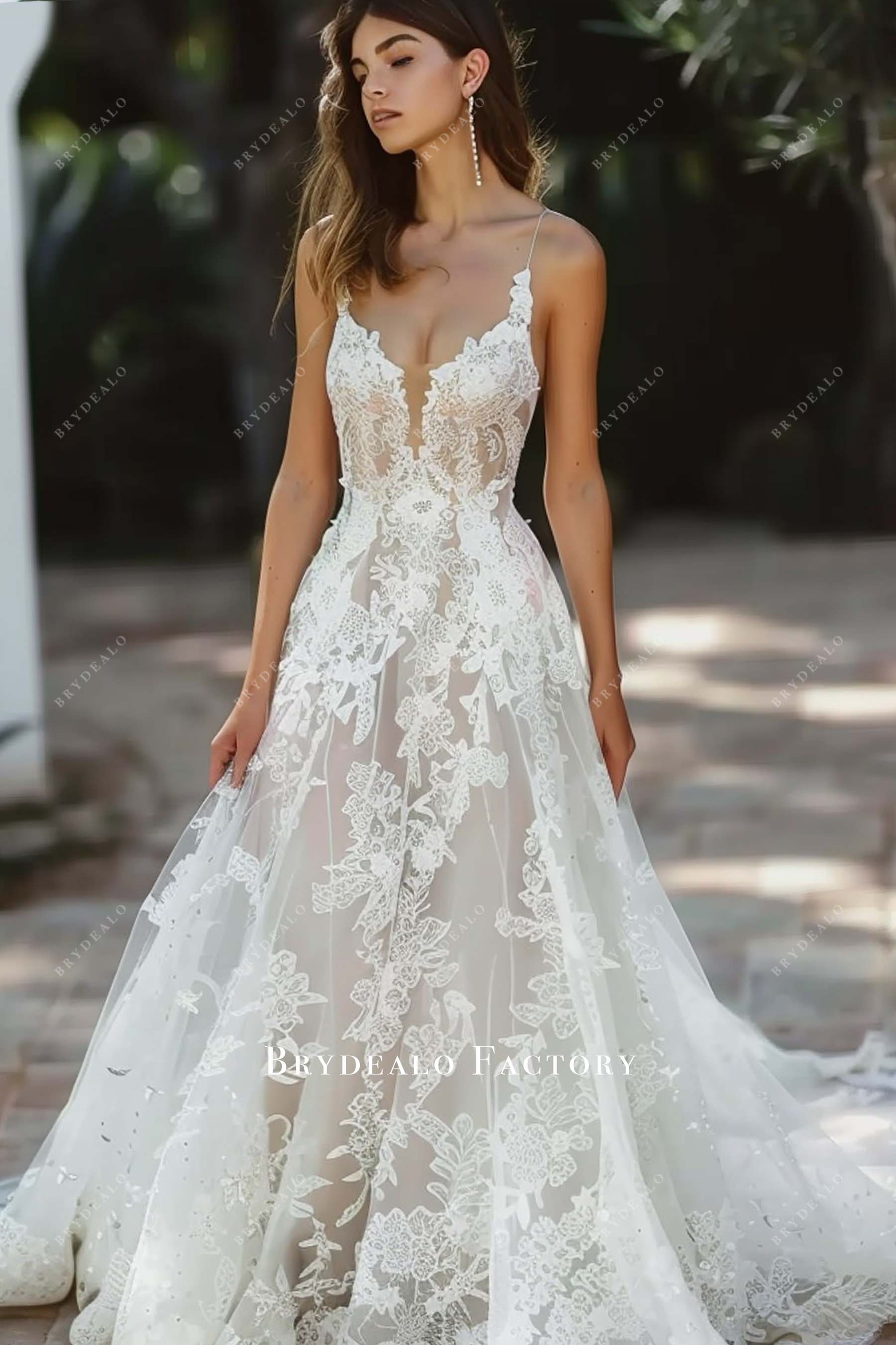 Custom Lace Sleeveless Plunging Spring Wedding Dress