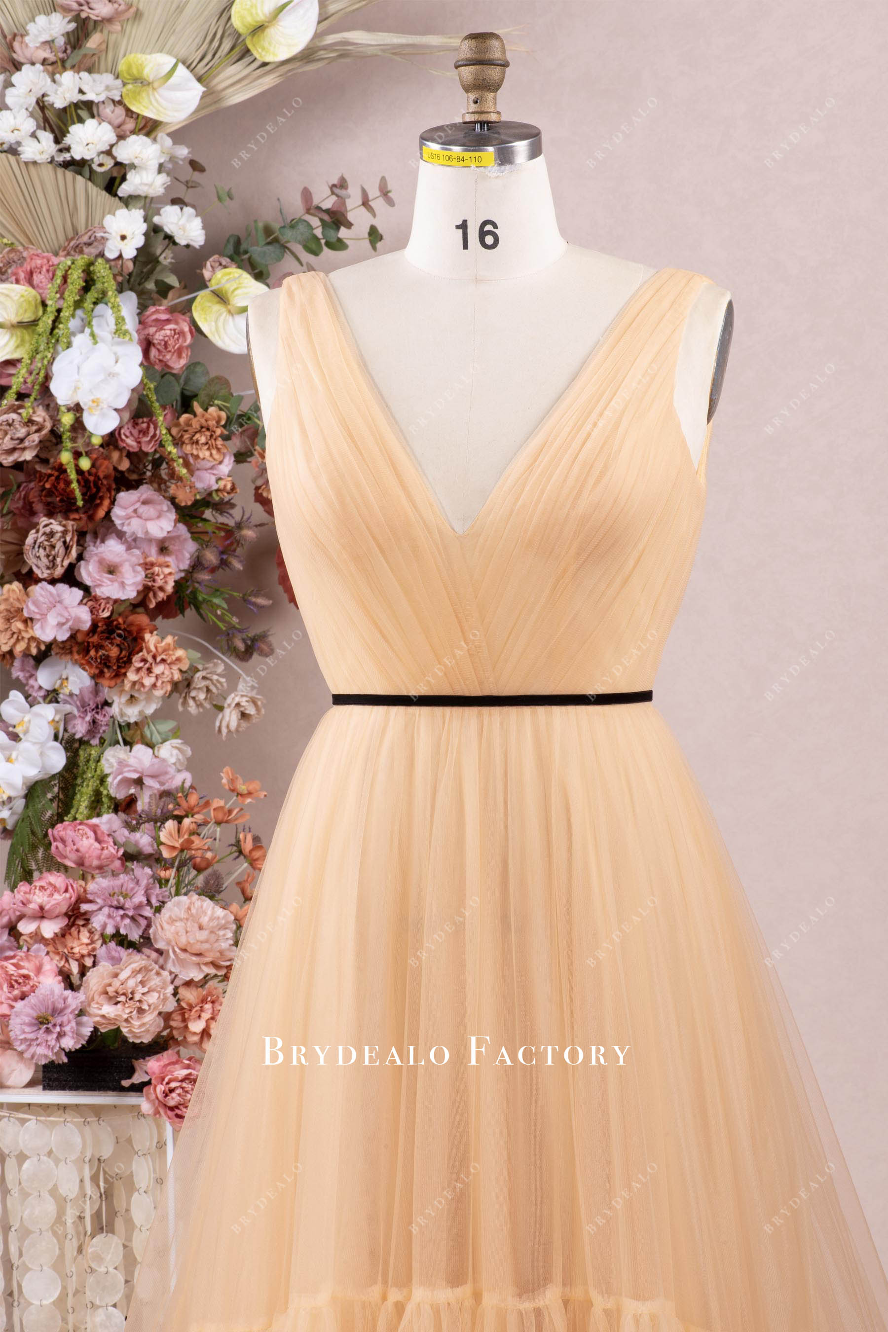 plunging pleated tulle prom dress