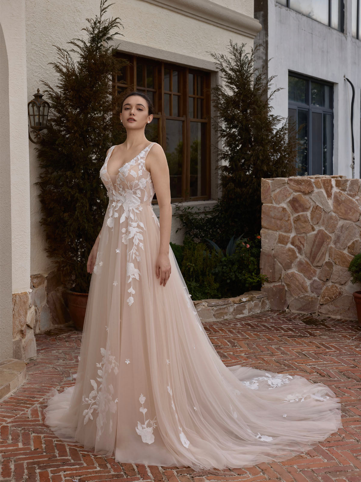 plunging soft lace tulle wedding dress