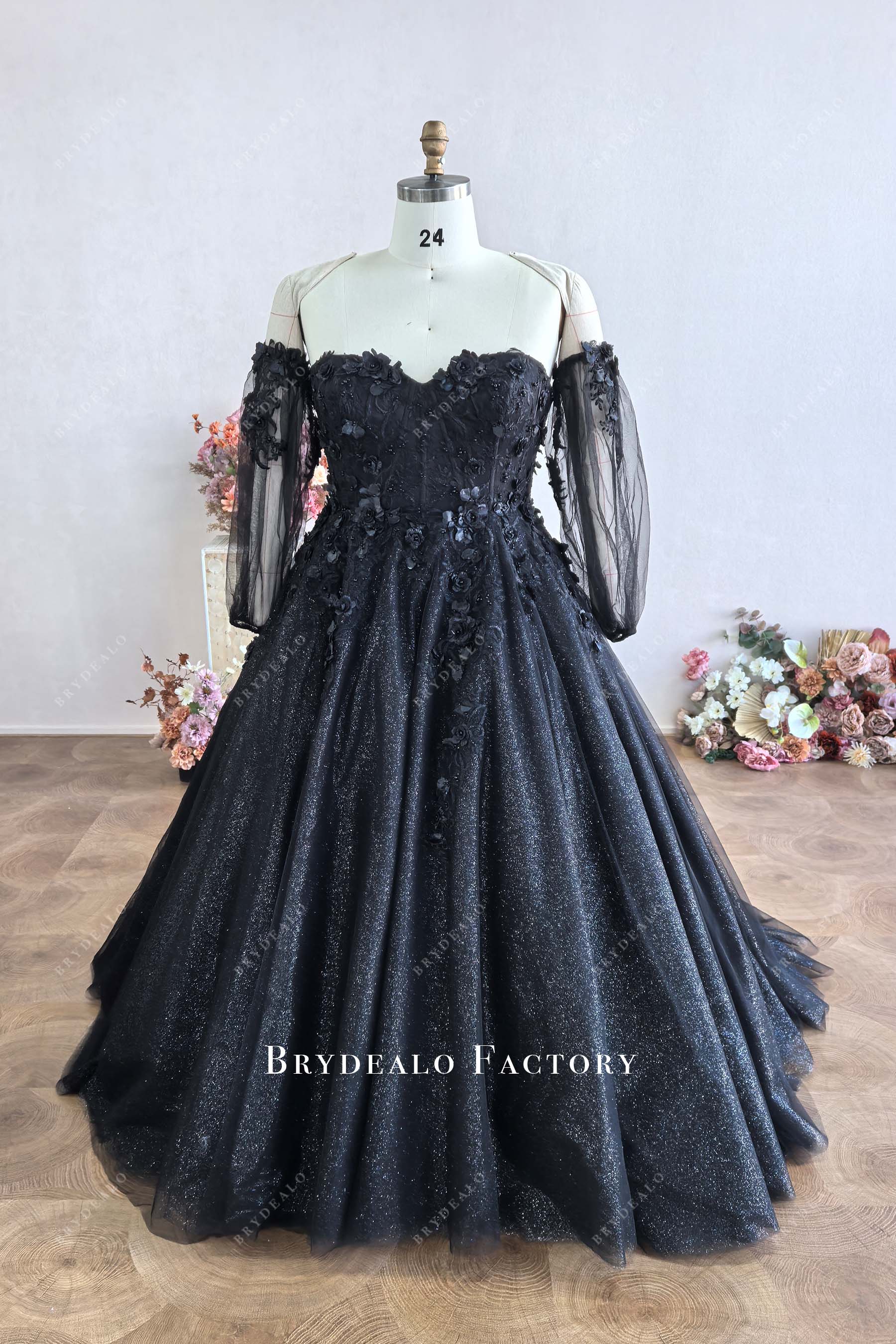 plus size black lace tulle off shoulder wedding dress