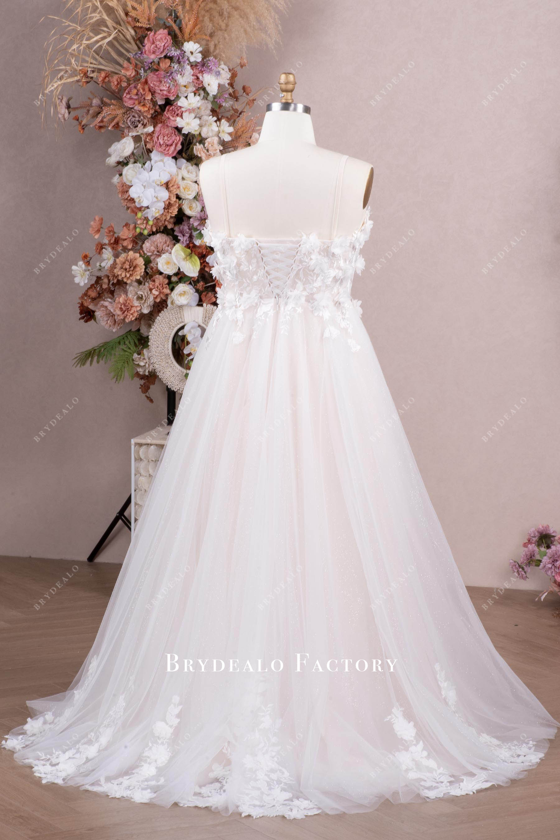 Custom Detachable Straps 3D Flowers Champagne Wedding Dress