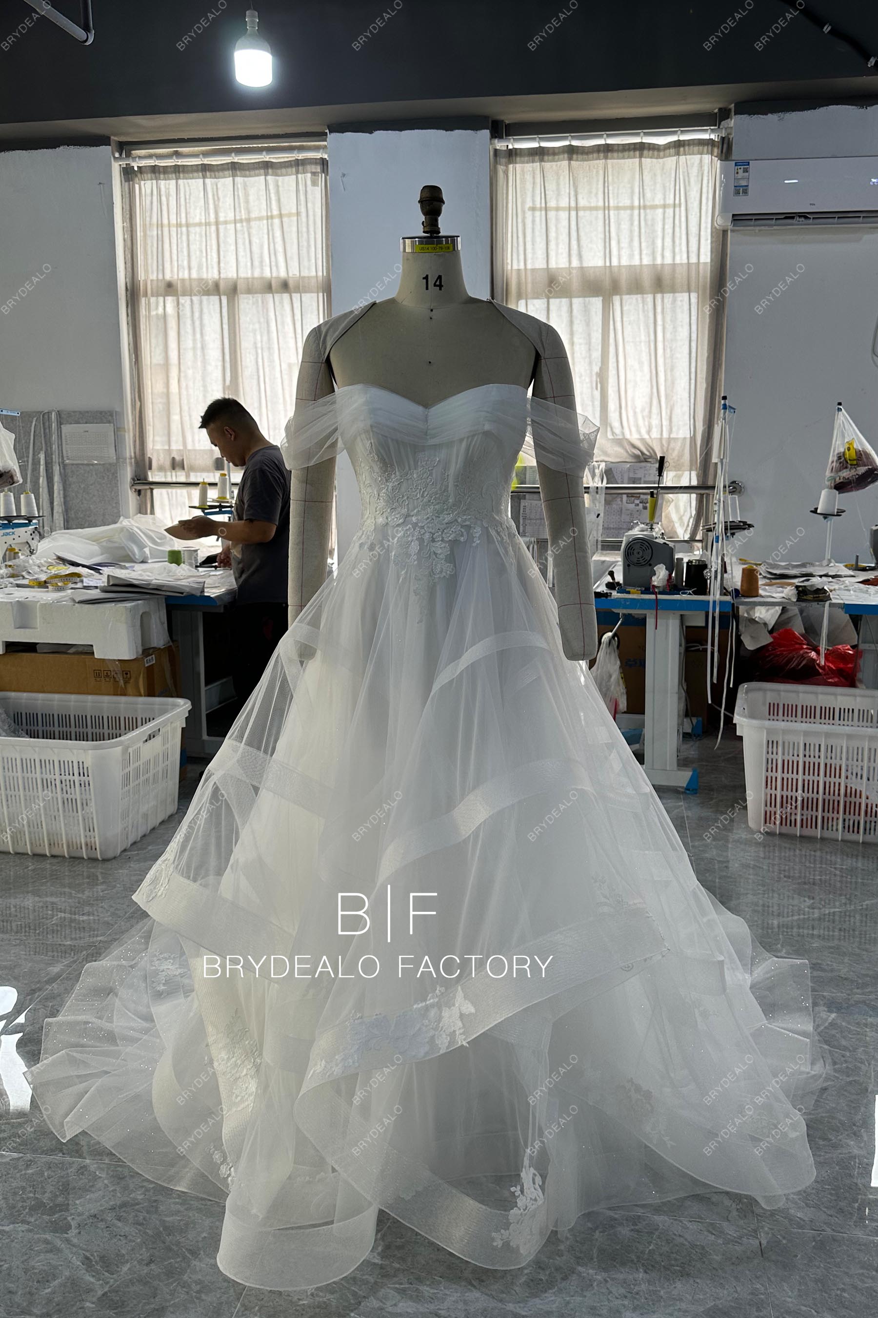 Custom Off Shoulder Lace Tulle Wedding Ball Gown 