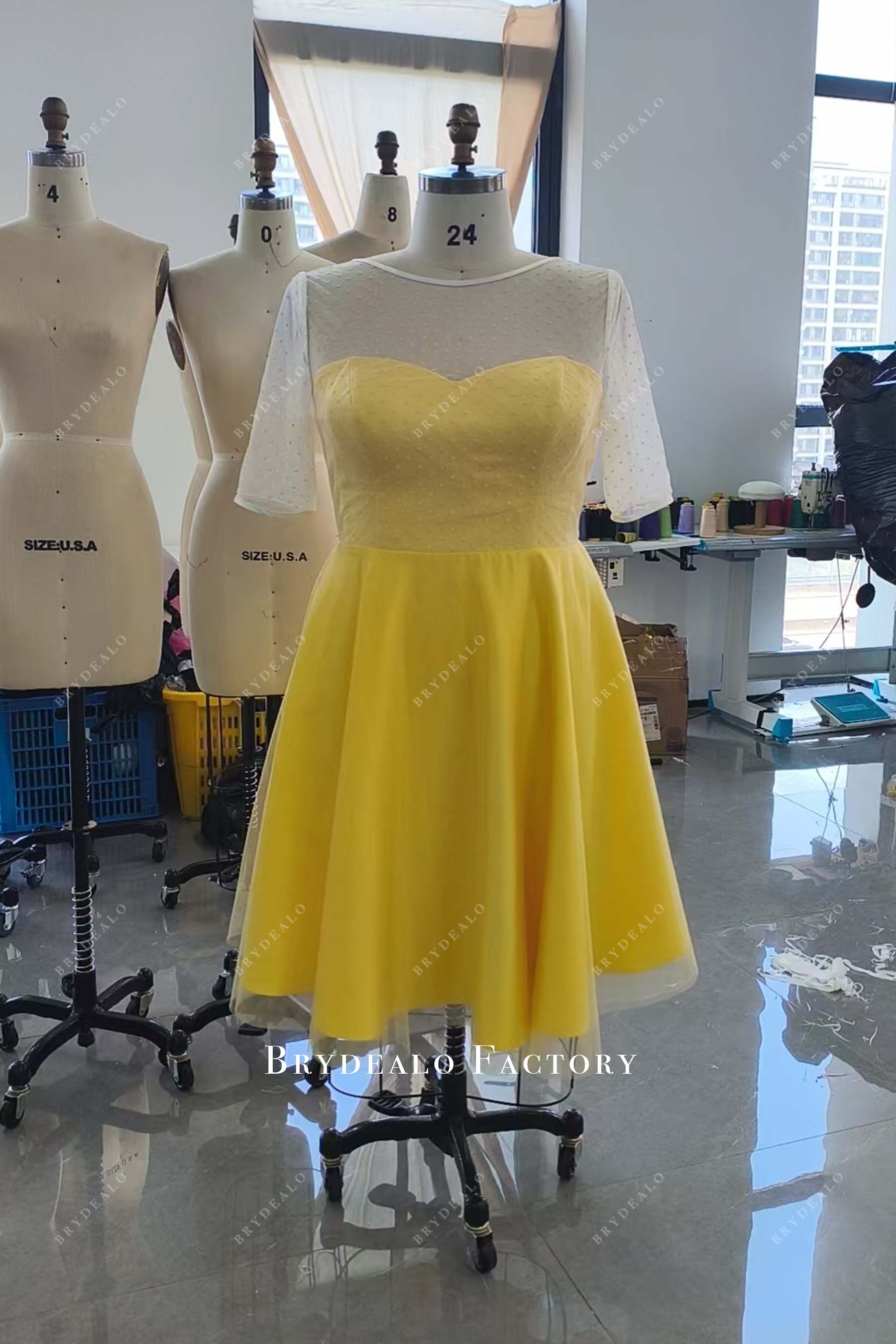 plus size illusion neck yellow bridesmaid dress