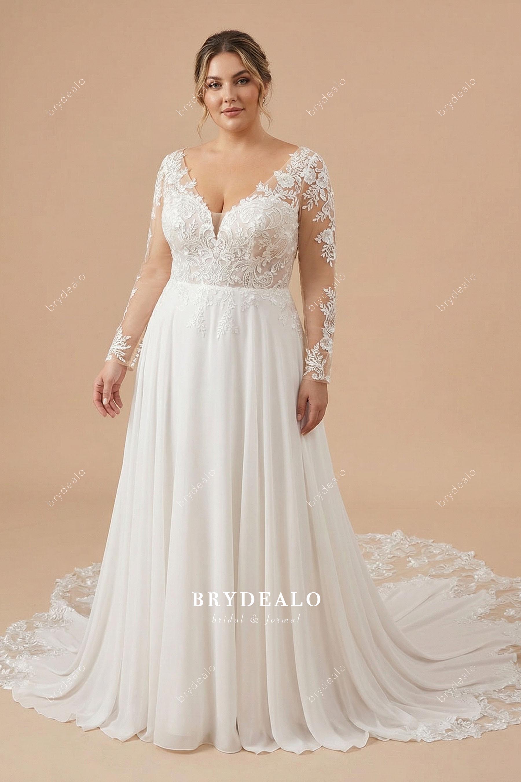 plus size sleeved cutout train wedding dress