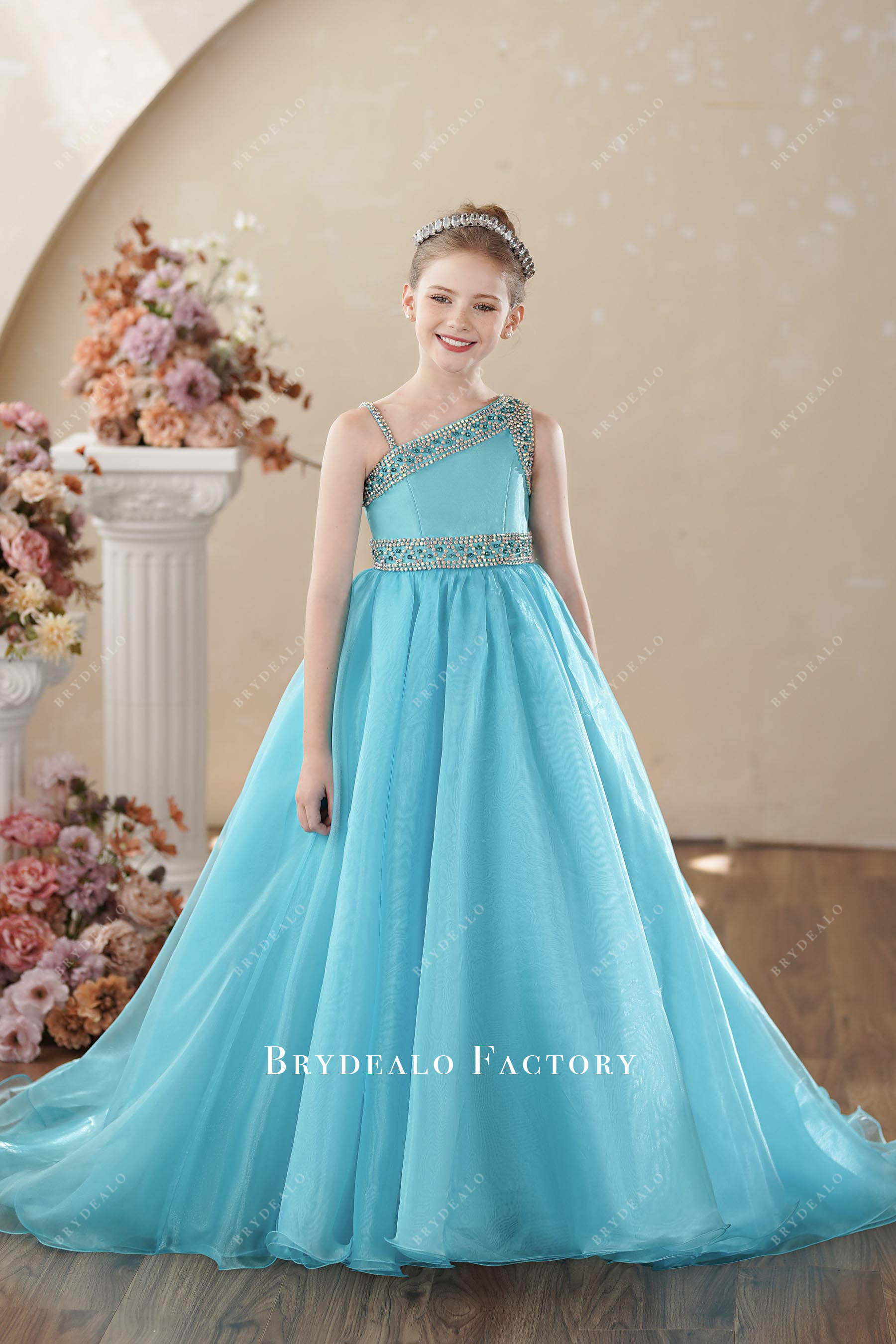 pool blue one shoulder Aline kids pageant dress