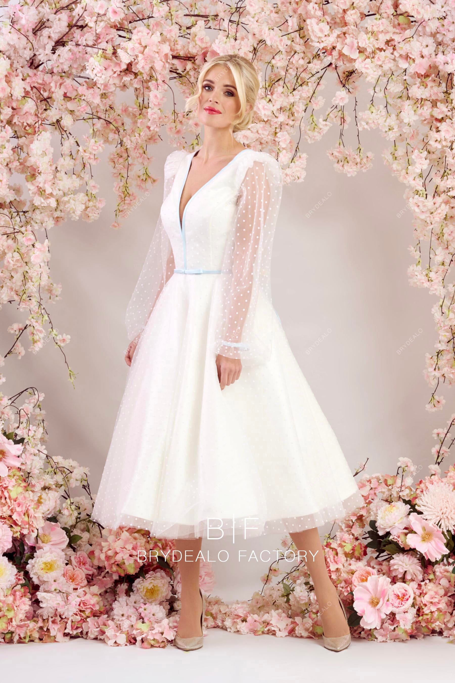 pouffe sleeve tea length wedding dress